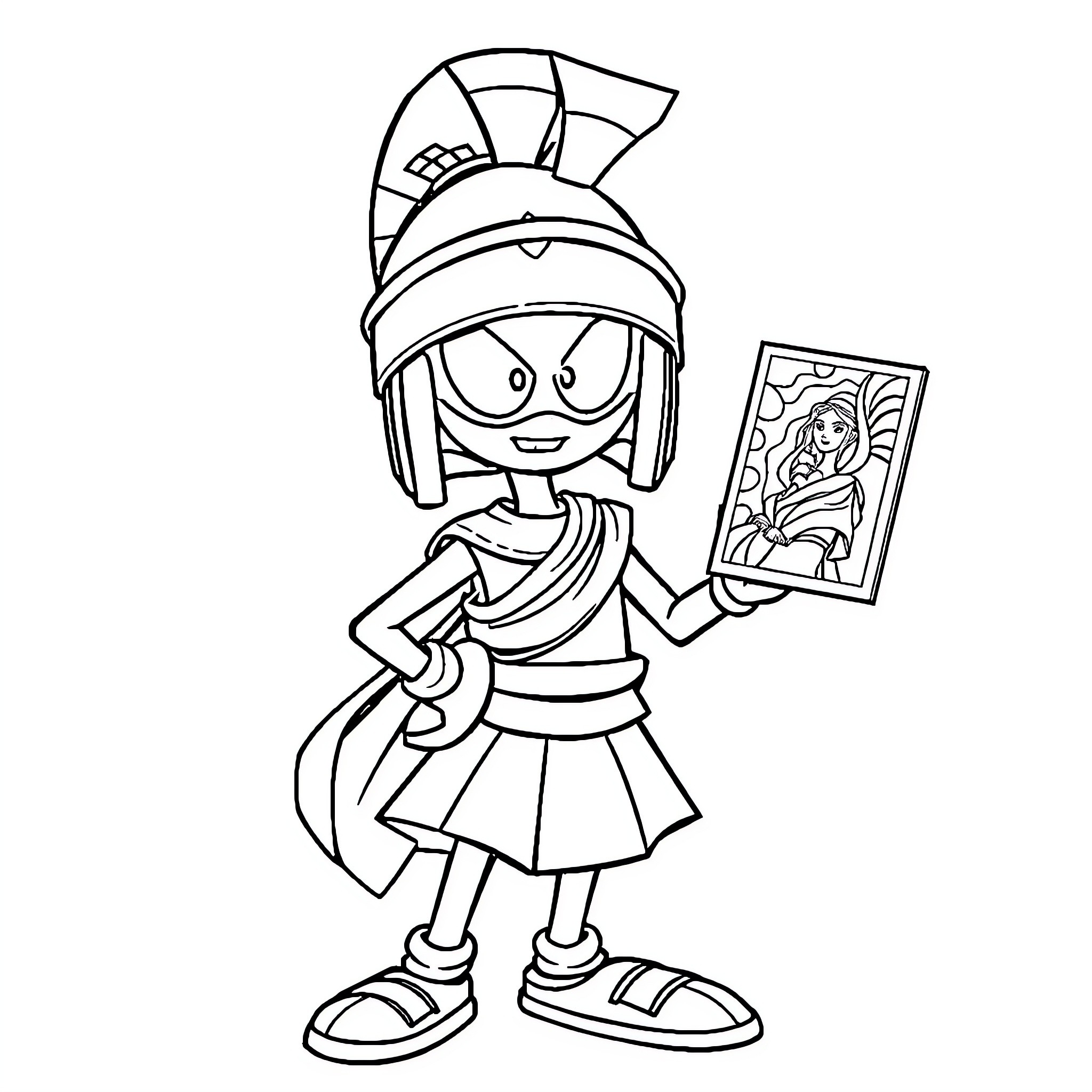 Marvin the Martian holding a painting Coloring Page (free black-and-white line drawing printable PDF for all, from beginners to advanced learners, including children, teens, adults, and seniors)
