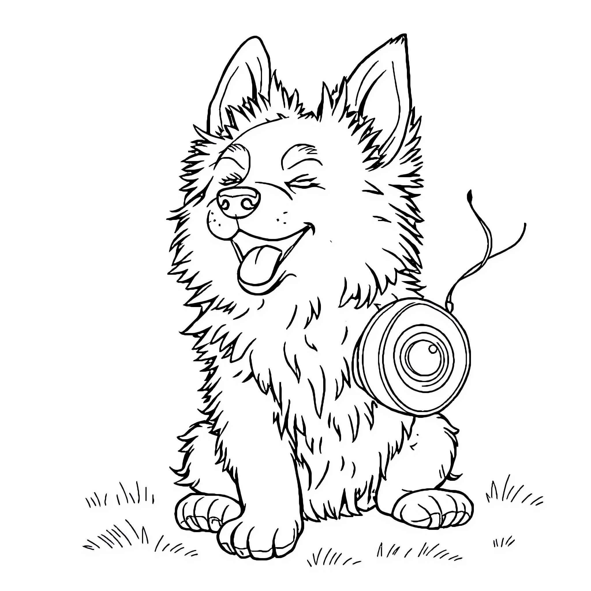 Dog playing with frisbee in the grass Coloring Page (free black-and-white line drawing printable PDF for all, from beginners to advanced learners, including children, teens, adults, and seniors)