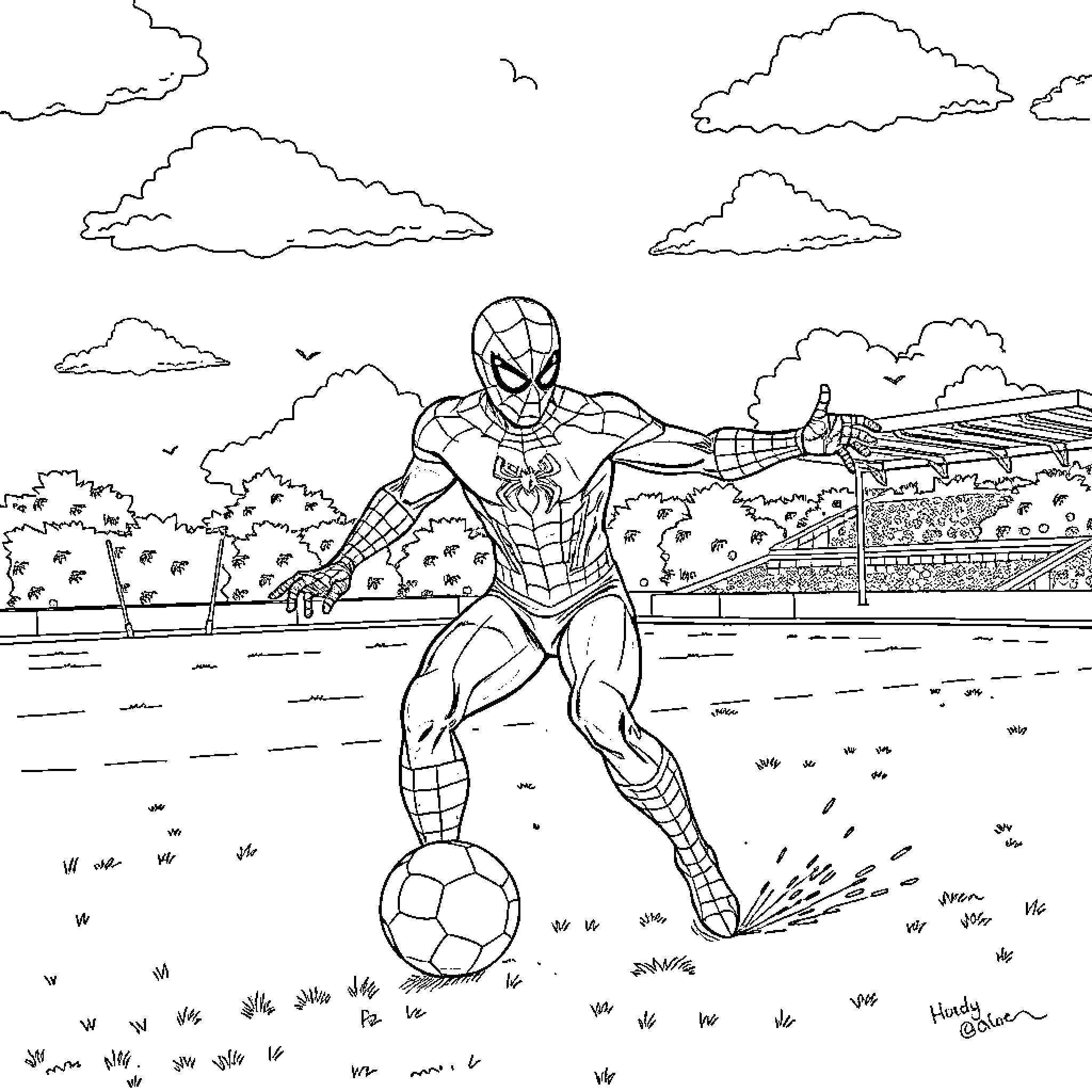 Spiderman playing soccer in the park Coloring Page (free black-and-white line drawing printable PDF for all, from beginners to advanced learners, including children, teens, adults, and seniors)