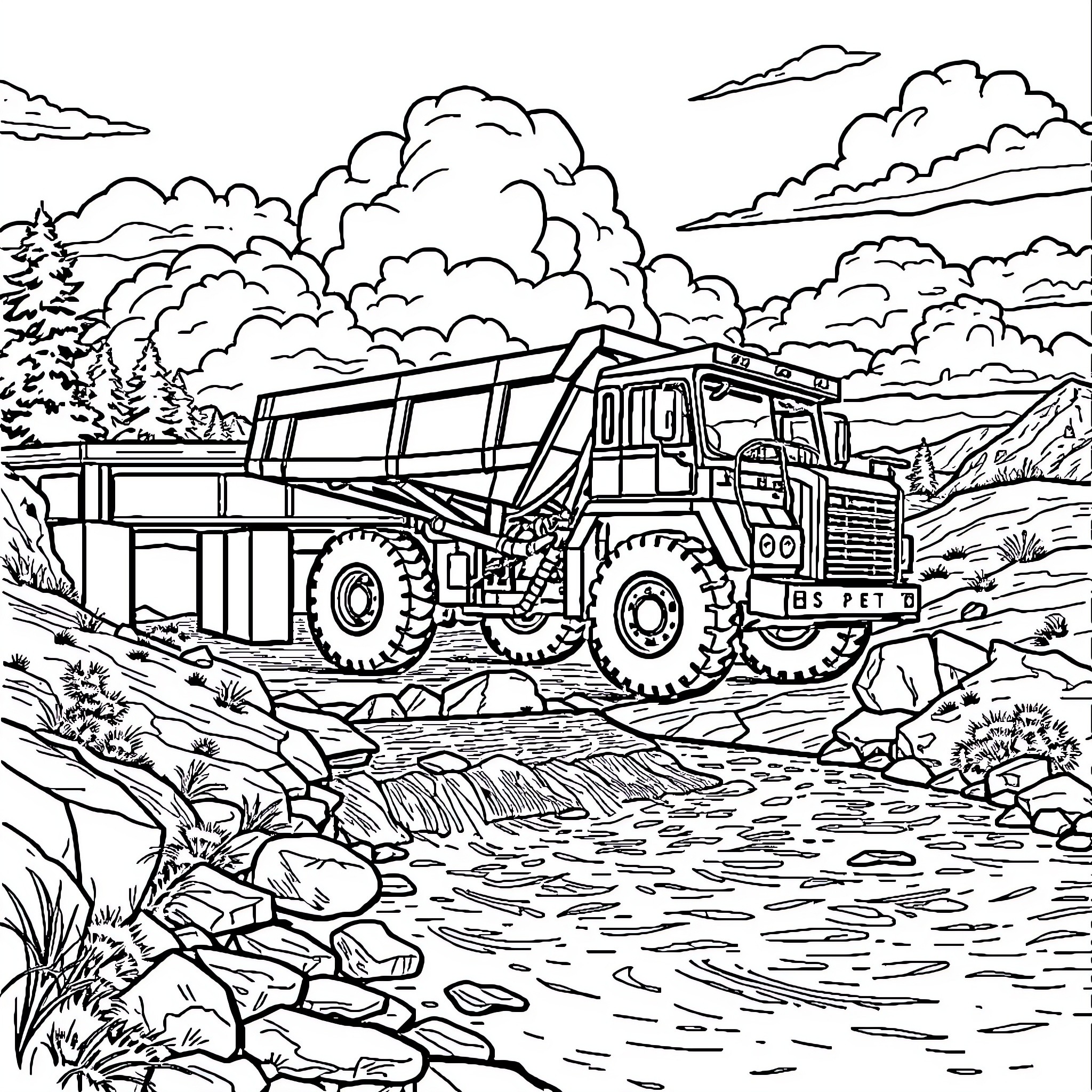 Dumper truck navigating rugged terrain Coloring Page (free black-and-white line drawing printable PDF for all, from beginners to advanced learners, including children, teens, adults, and seniors)