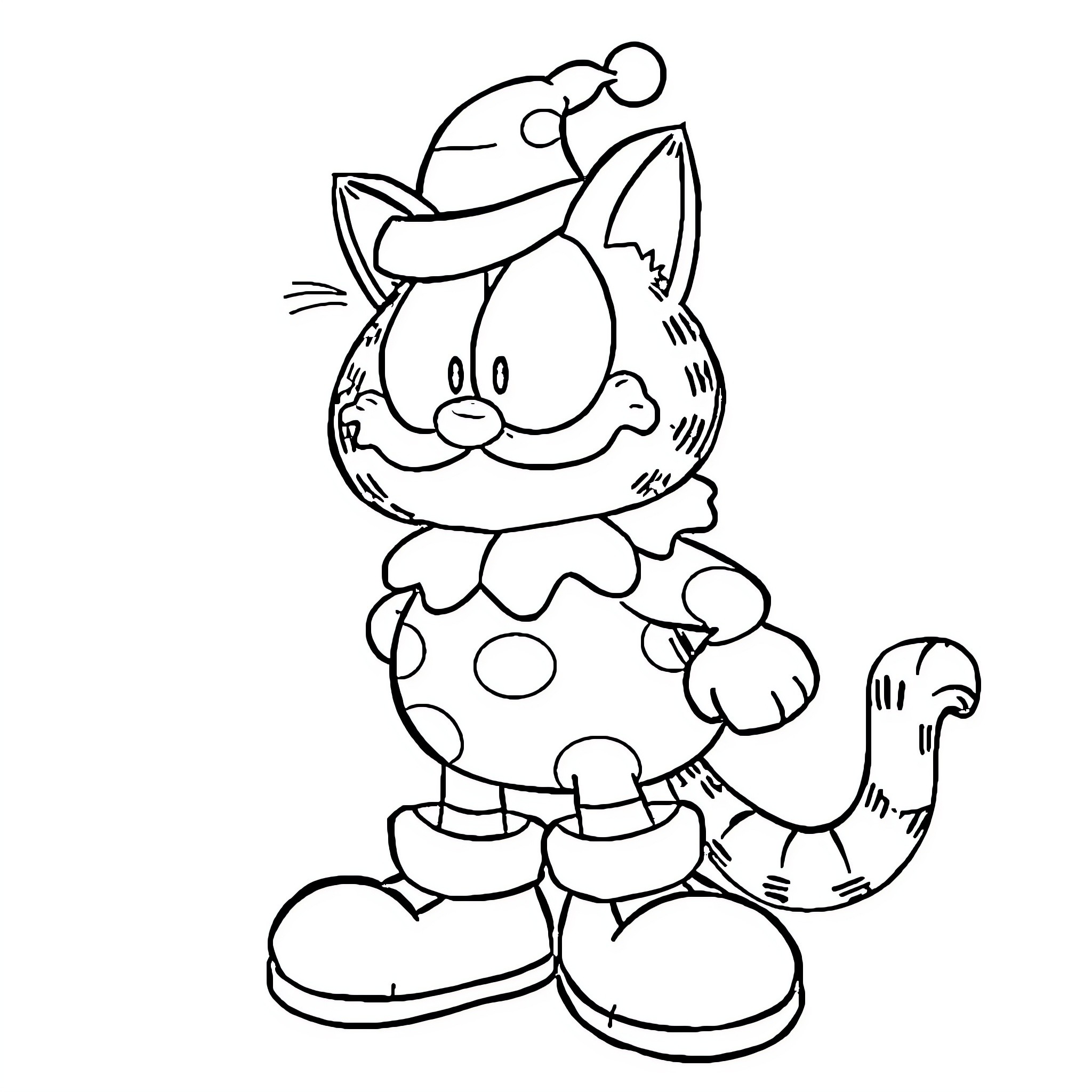Garfield the Clown Cat in Silly Outfit Coloring Page (free black-and-white line drawing printable PDF for all, from beginners to advanced learners, including children, teens, adults, and seniors)