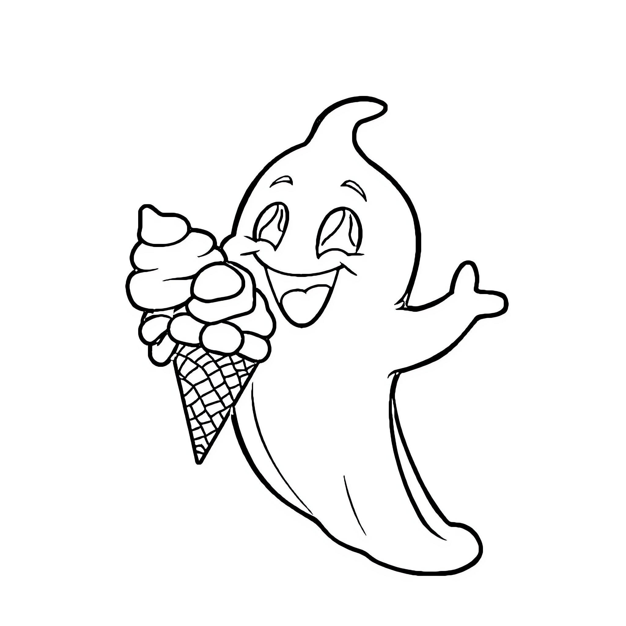 Ghost enjoying a playful ice cream treat Coloring Page (free black-and-white line drawing printable PDF for all, from beginners to advanced learners, including children, teens, adults, and seniors)