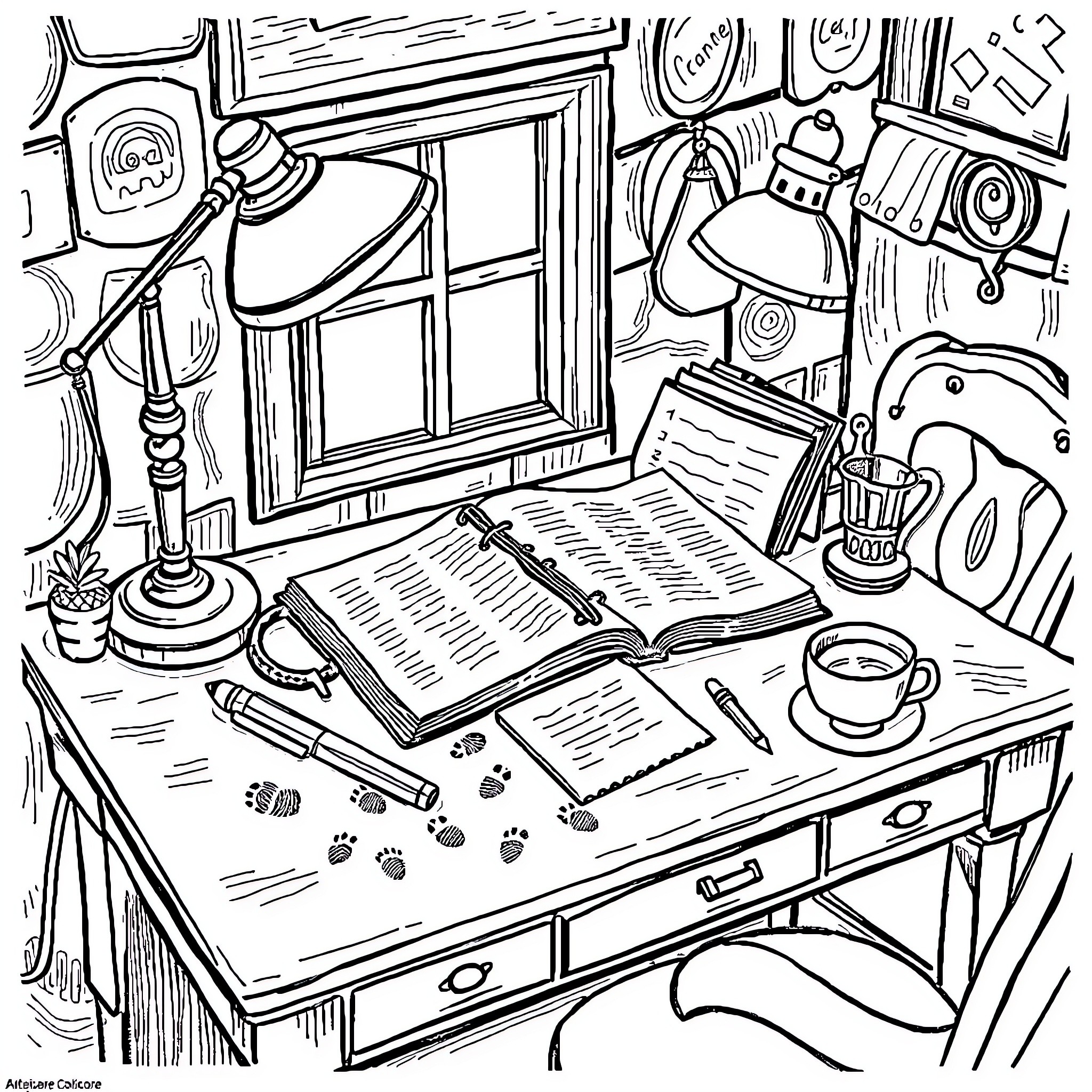 Desk of a studious and creative workspace Coloring Page (free black-and-white line drawing printable PDF for all, from beginners to advanced learners, including children, teens, adults, and seniors)