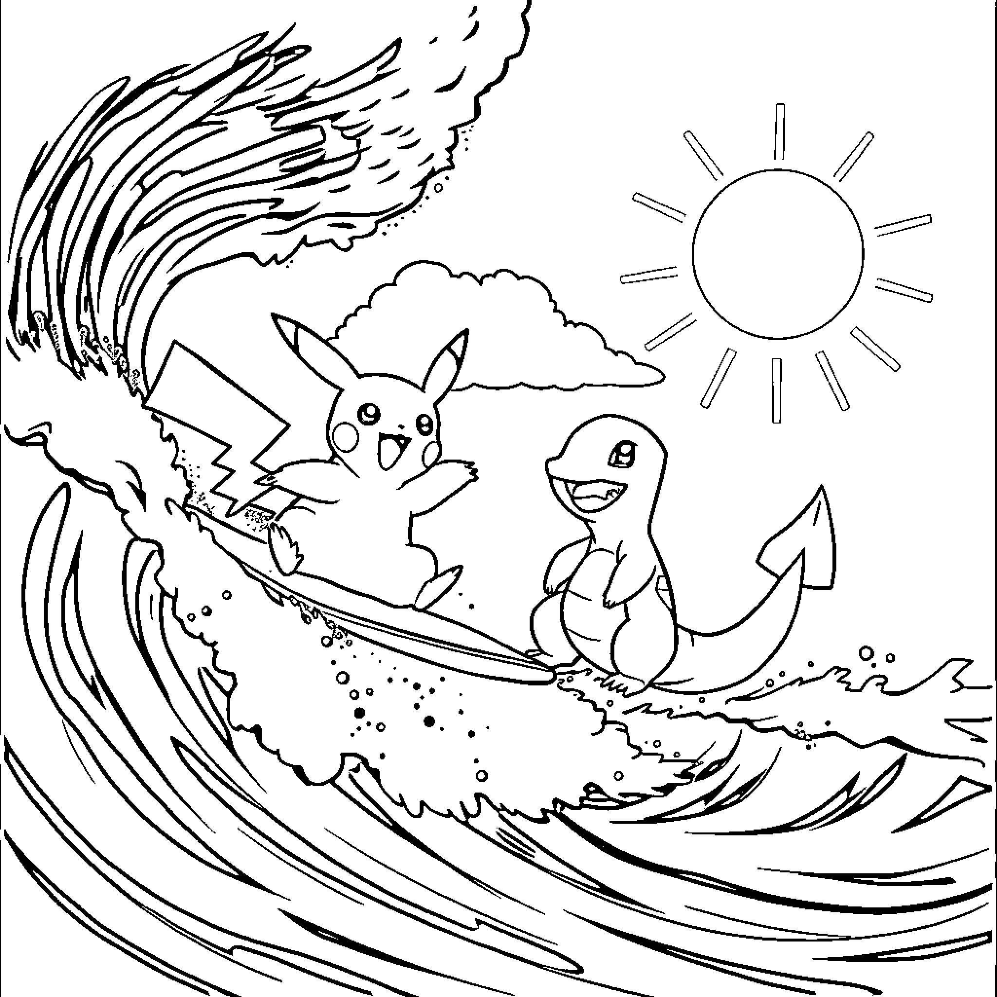 Pikachu surfing with Charmander in stormy waves Coloring Page (free black-and-white line drawing printable PDF for all, from beginners to advanced learners, including children, teens, adults, and seniors)