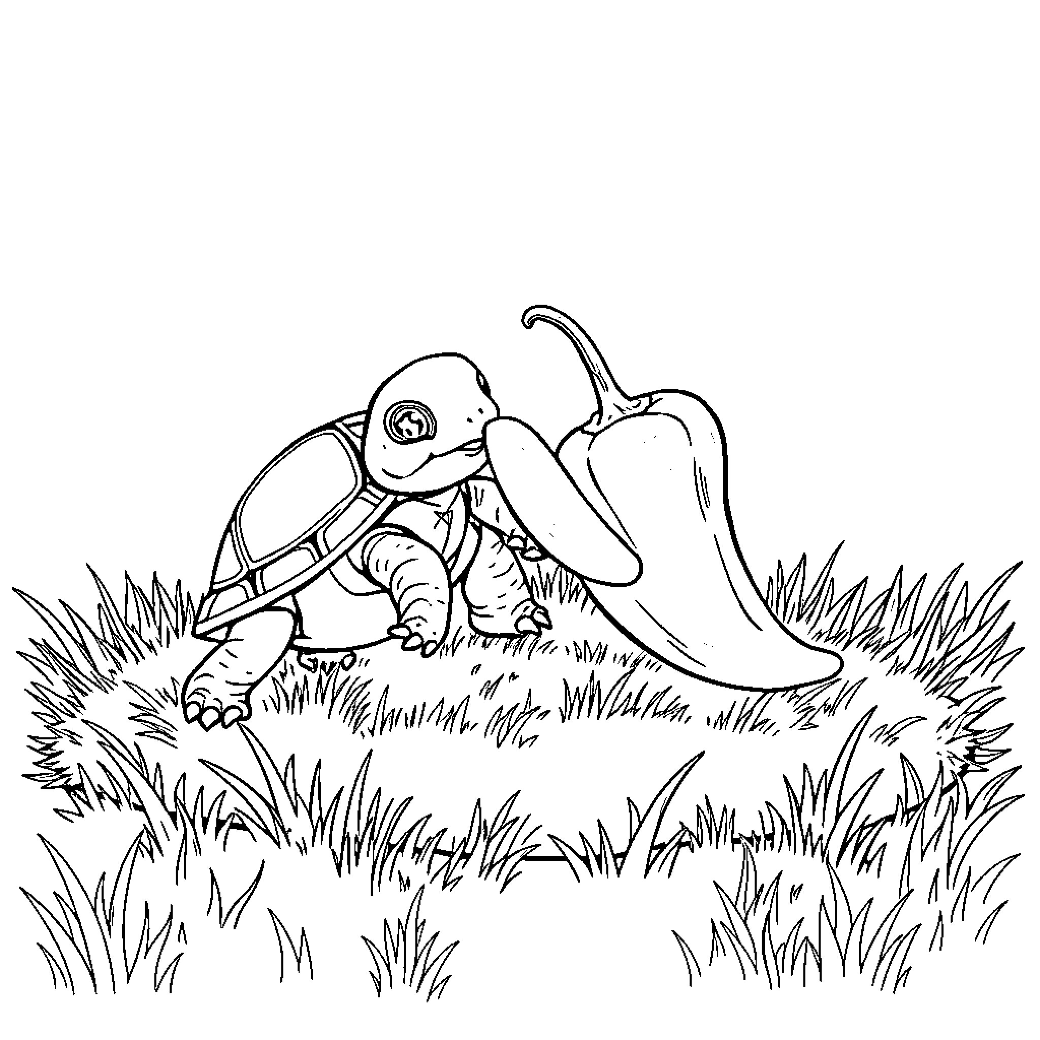 Turtle exploring the grassy landscape Coloring Page (free black-and-white line drawing printable PDF for all, from beginners to advanced learners, including children, teens, adults, and seniors)