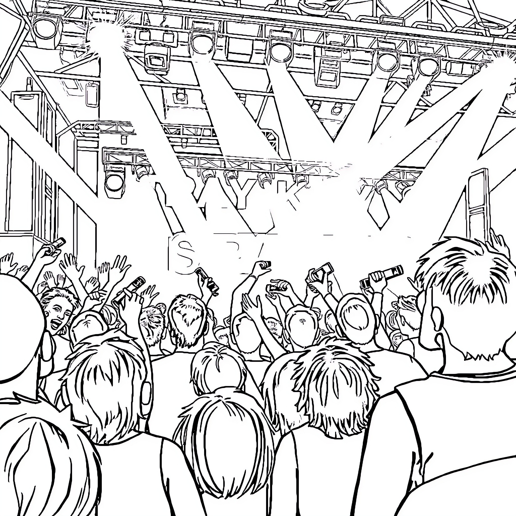 Stray Kids Performing on Stage with Energetic Crowd Coloring Page (free black-and-white line drawing printable PDF for all, from beginners to advanced learners, including children, teens, adults, and seniors)