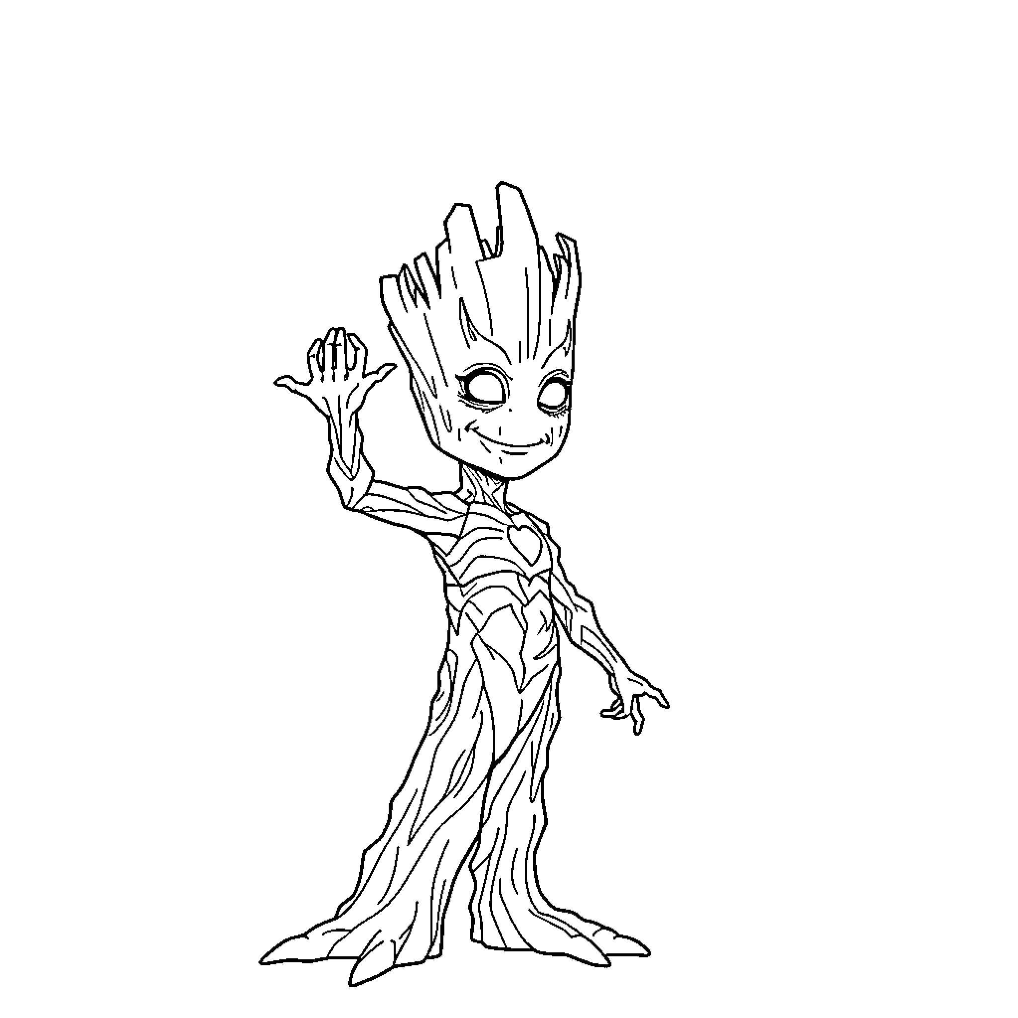 Groot waving with a playful expression Coloring Page (free black-and-white line drawing printable PDF for all, from beginners to advanced learners, including children, teens, adults, and seniors)