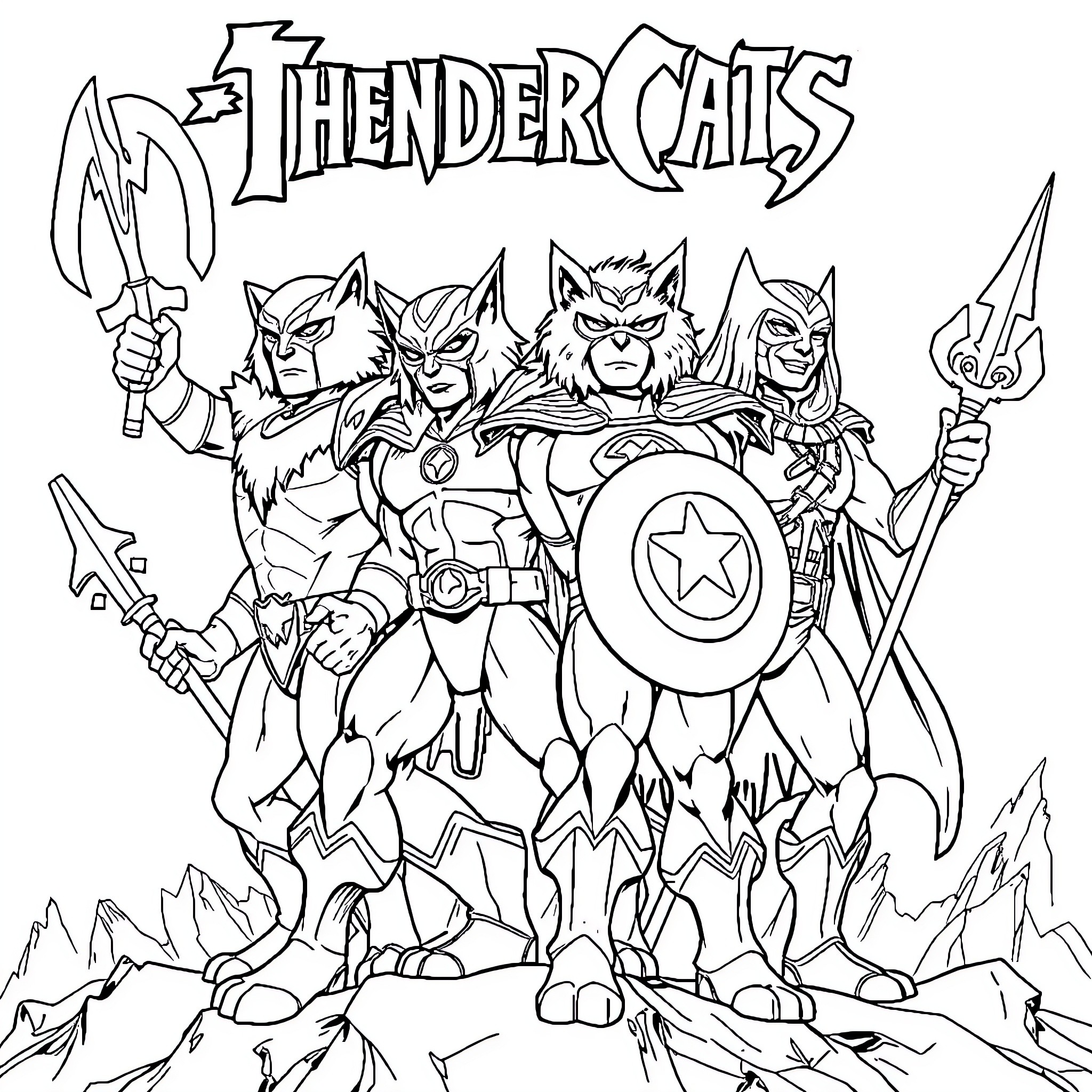 Thunder Cats Heroic Warrior Felines in Action Coloring Page (free black-and-white line drawing printable PDF for all, from beginners to advanced learners, including children, teens, adults, and seniors)