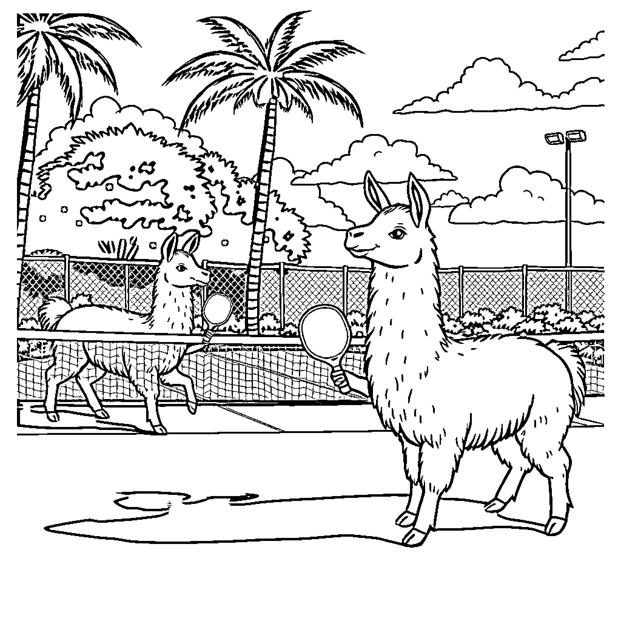 Llama enjoying a day in the tropical paradise Coloring Page (free black-and-white line drawing printable PDF for all, from beginners to advanced learners, including children, teens, adults, and seniors)