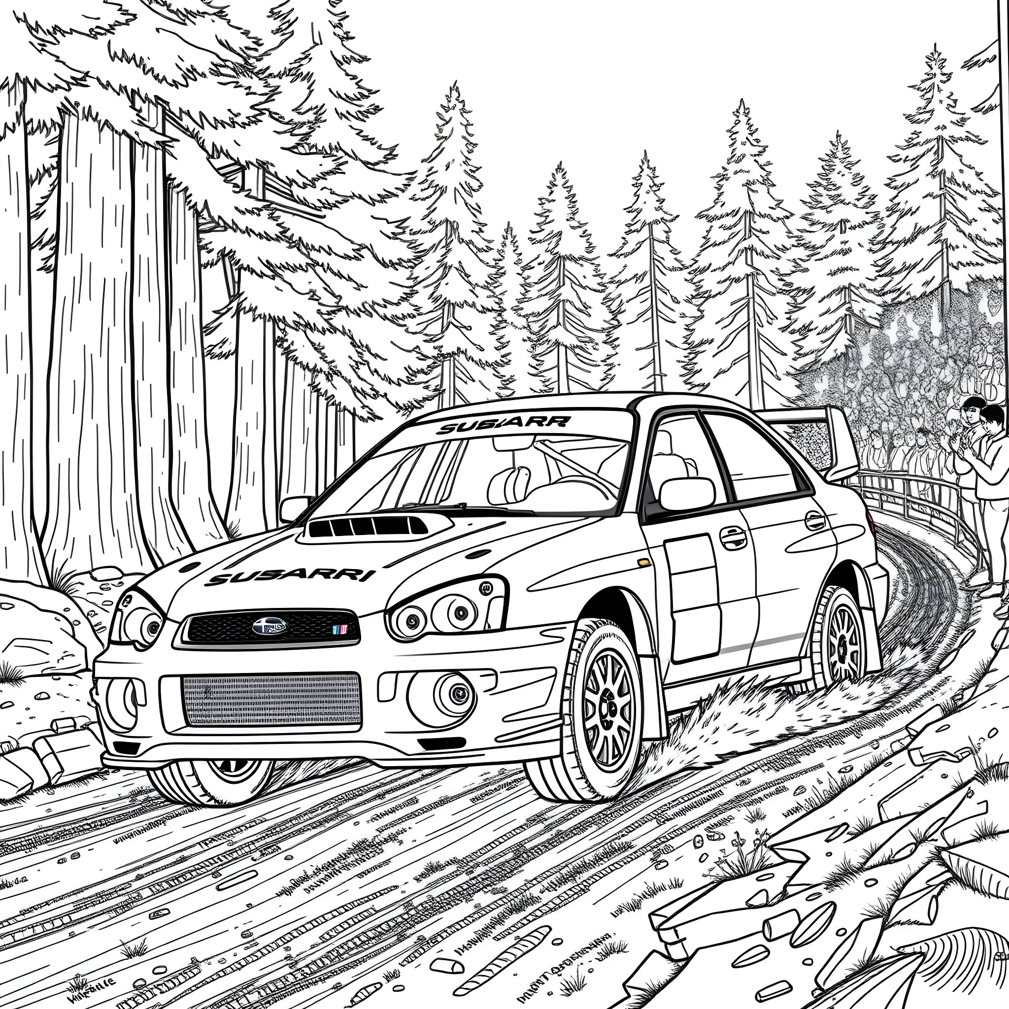 Subaru off-road vehicle driving through forest Coloring Page (free black-and-white line drawing printable PDF for all, from beginners to advanced learners, including children, teens, adults, and seniors)