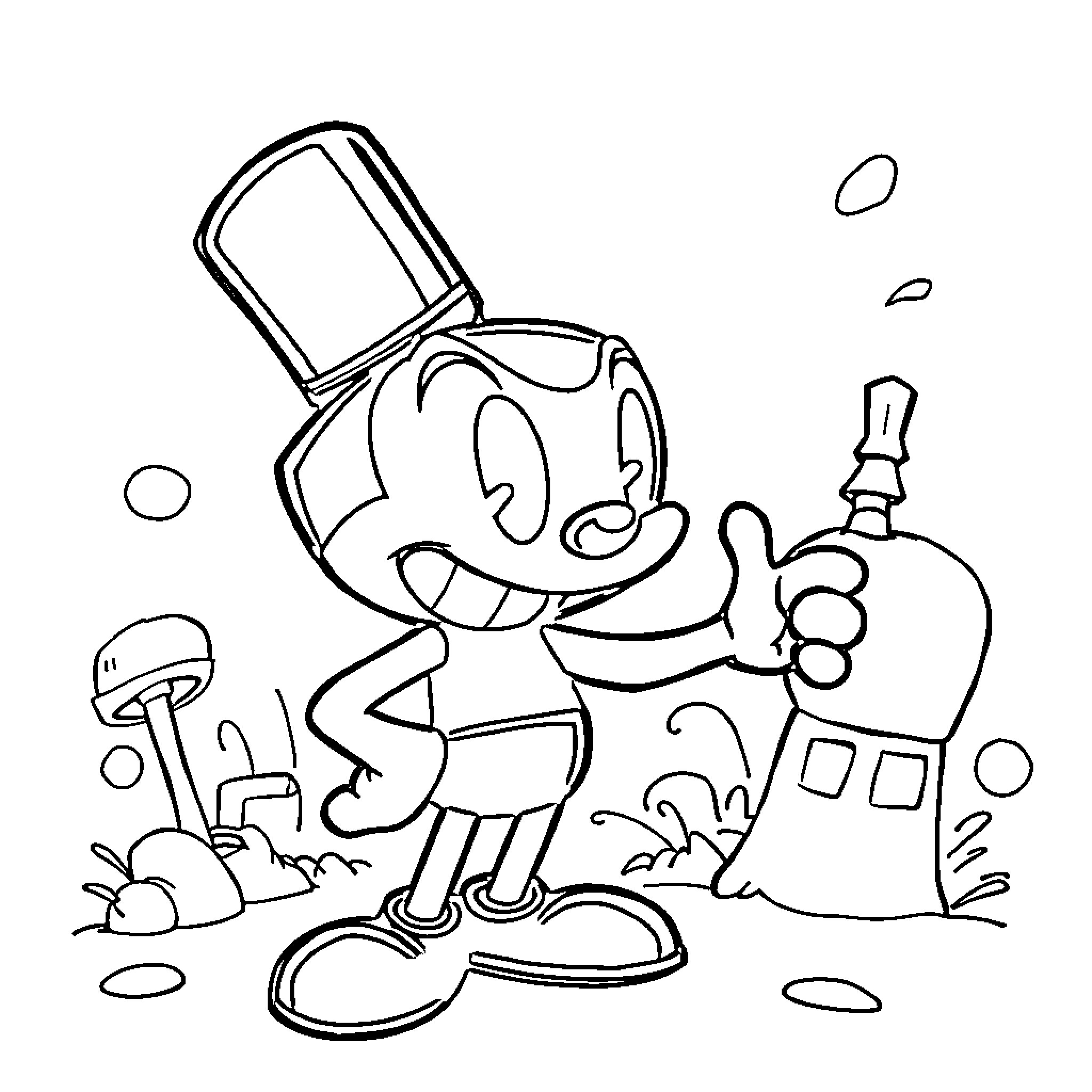 Cuphead in a playful scene with mushrooms and a house Coloring Page (free black-and-white line drawing printable PDF for all, from beginners to advanced learners, including children, teens, adults, and seniors)