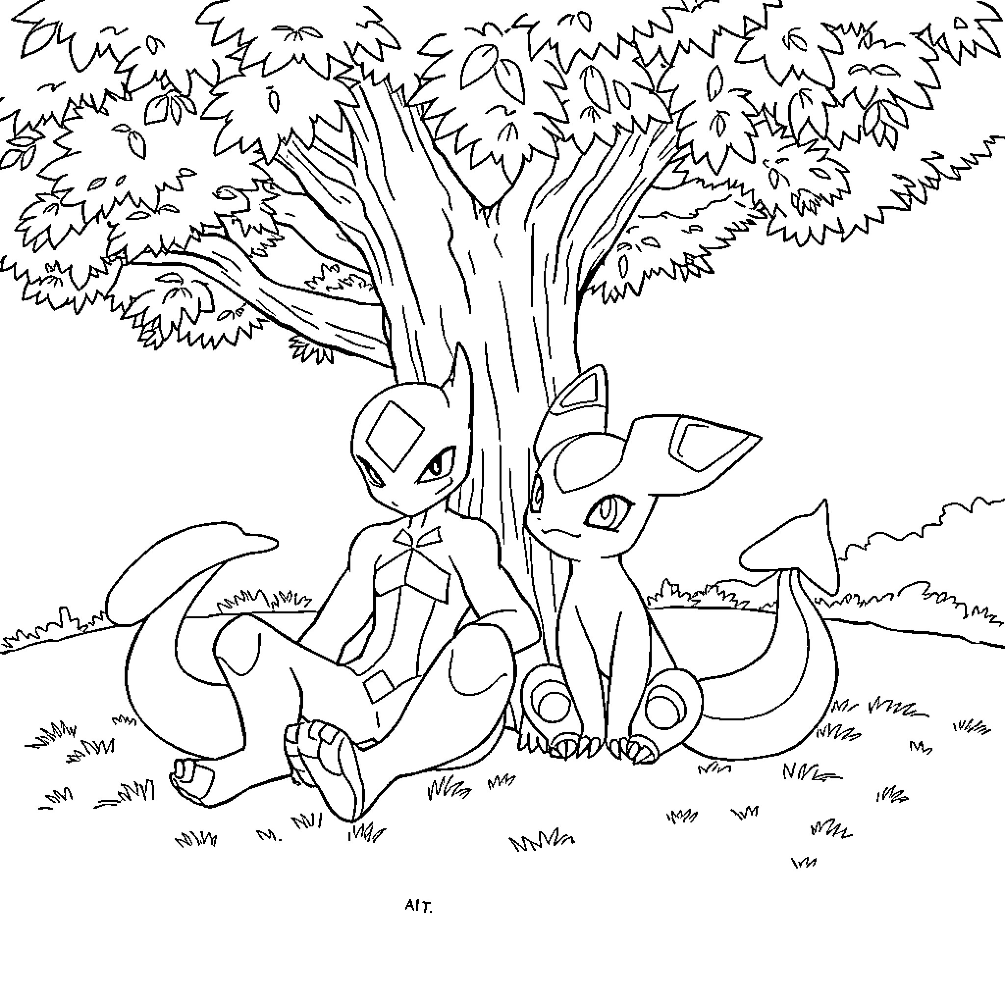 Mewtwo resting with companions in nature Coloring Page (free black-and-white line drawing printable PDF for all, from beginners to advanced learners, including children, teens, adults, and seniors)
