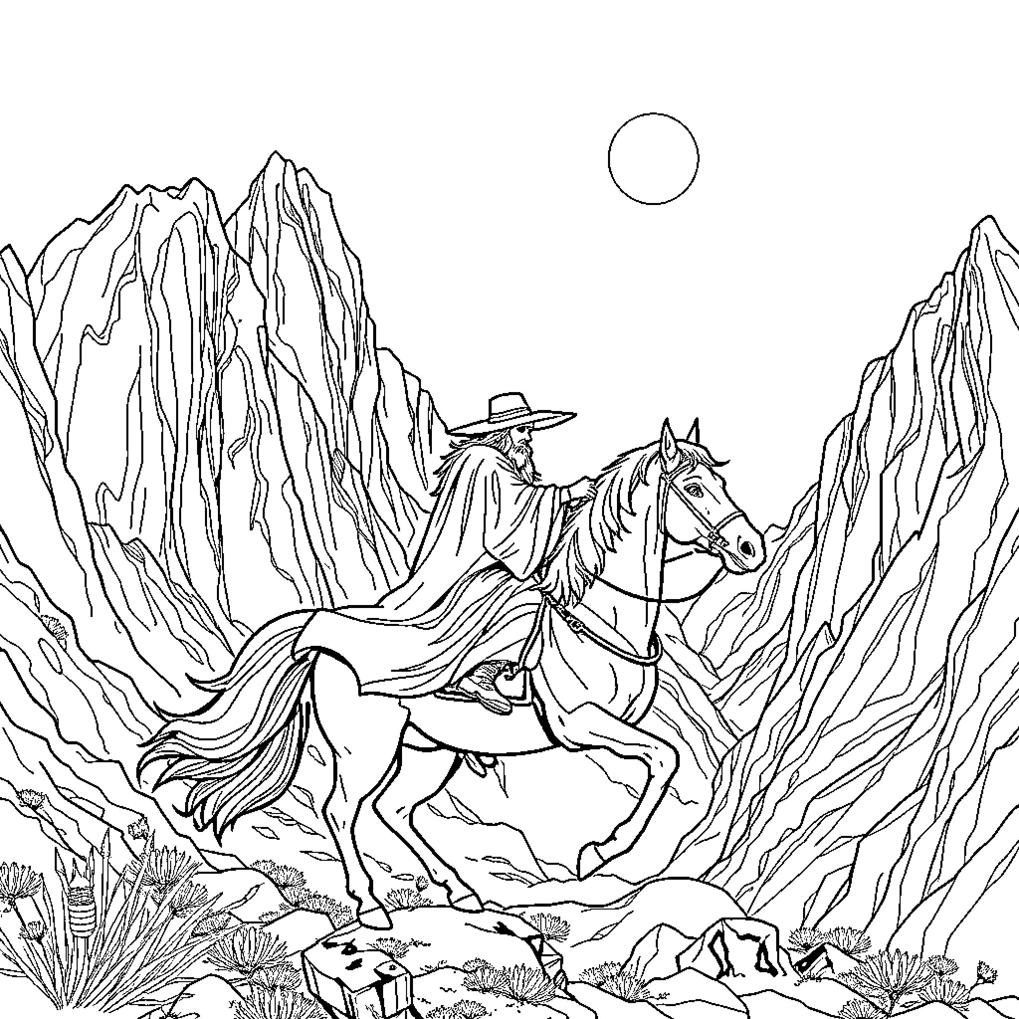 Wizard riding gallantly on horseback through the mountains Coloring Page (free black-and-white line drawing printable PDF for all, from beginners to advanced learners, including children, teens, adults, and seniors)