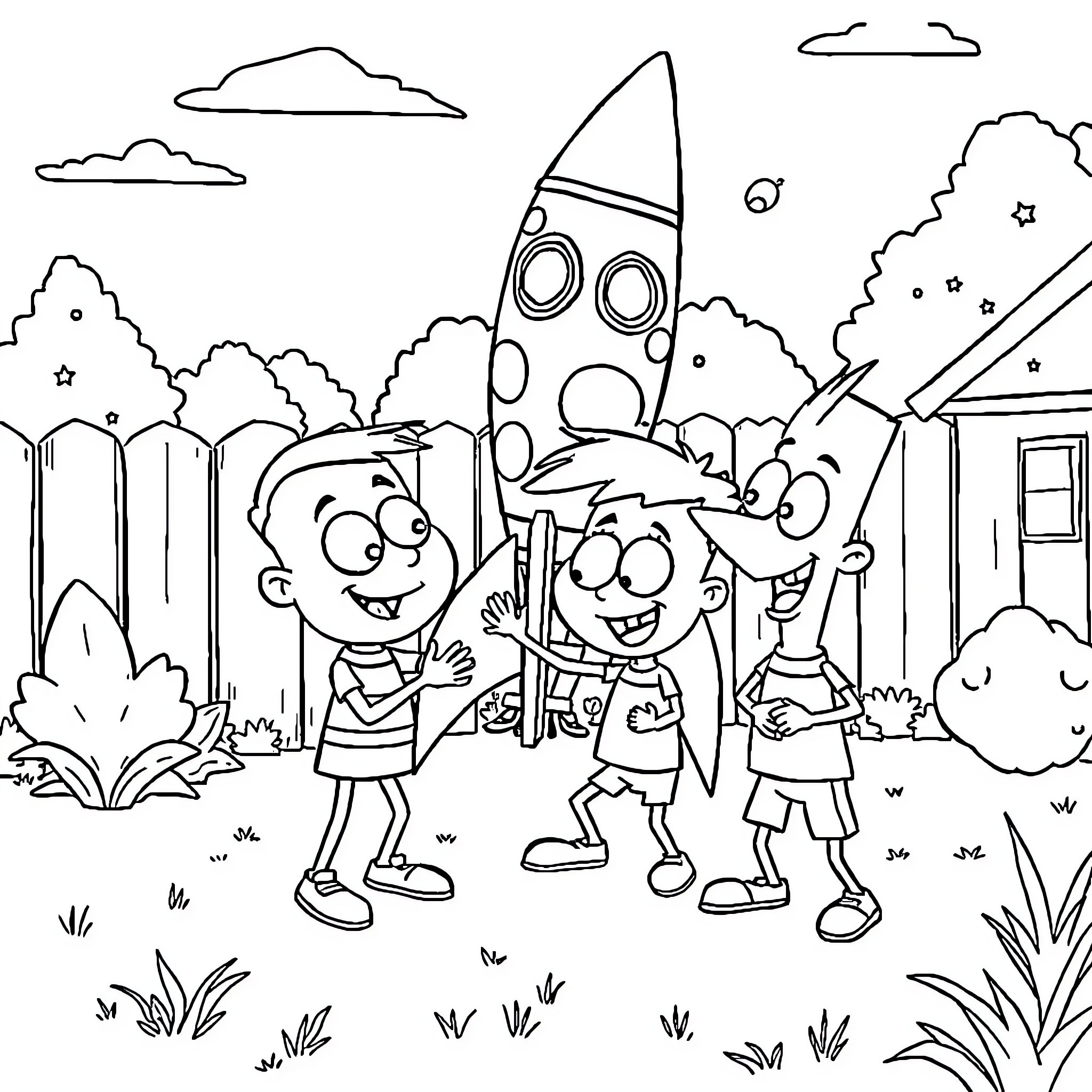 Phineas and friends launching a rocket ship Coloring Page (free black-and-white line drawing printable PDF for all, from beginners to advanced learners, including children, teens, adults, and seniors)