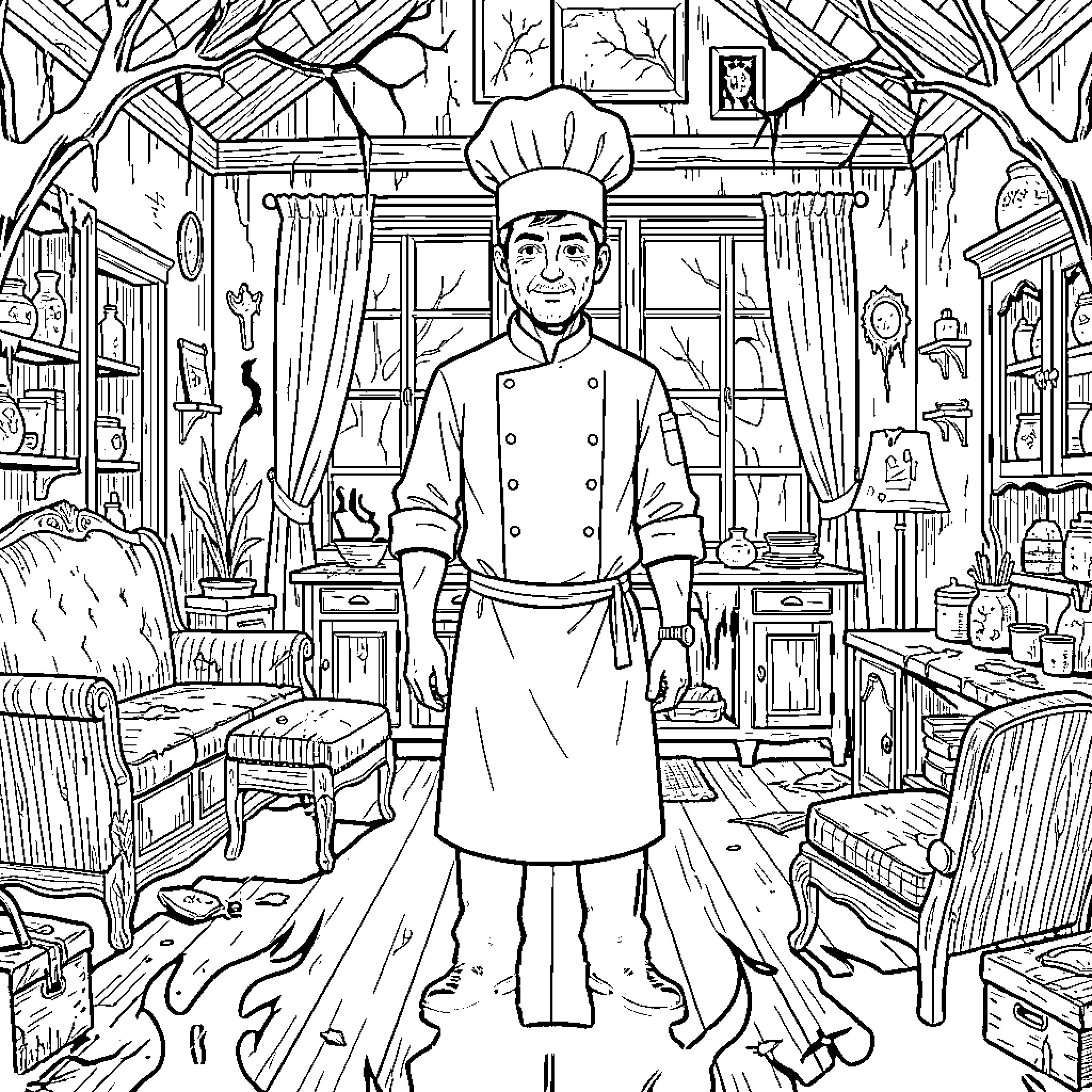Chef standing in a messy and abandoned room Coloring Page (free black-and-white line drawing printable PDF for all, from beginners to advanced learners, including children, teens, adults, and seniors)