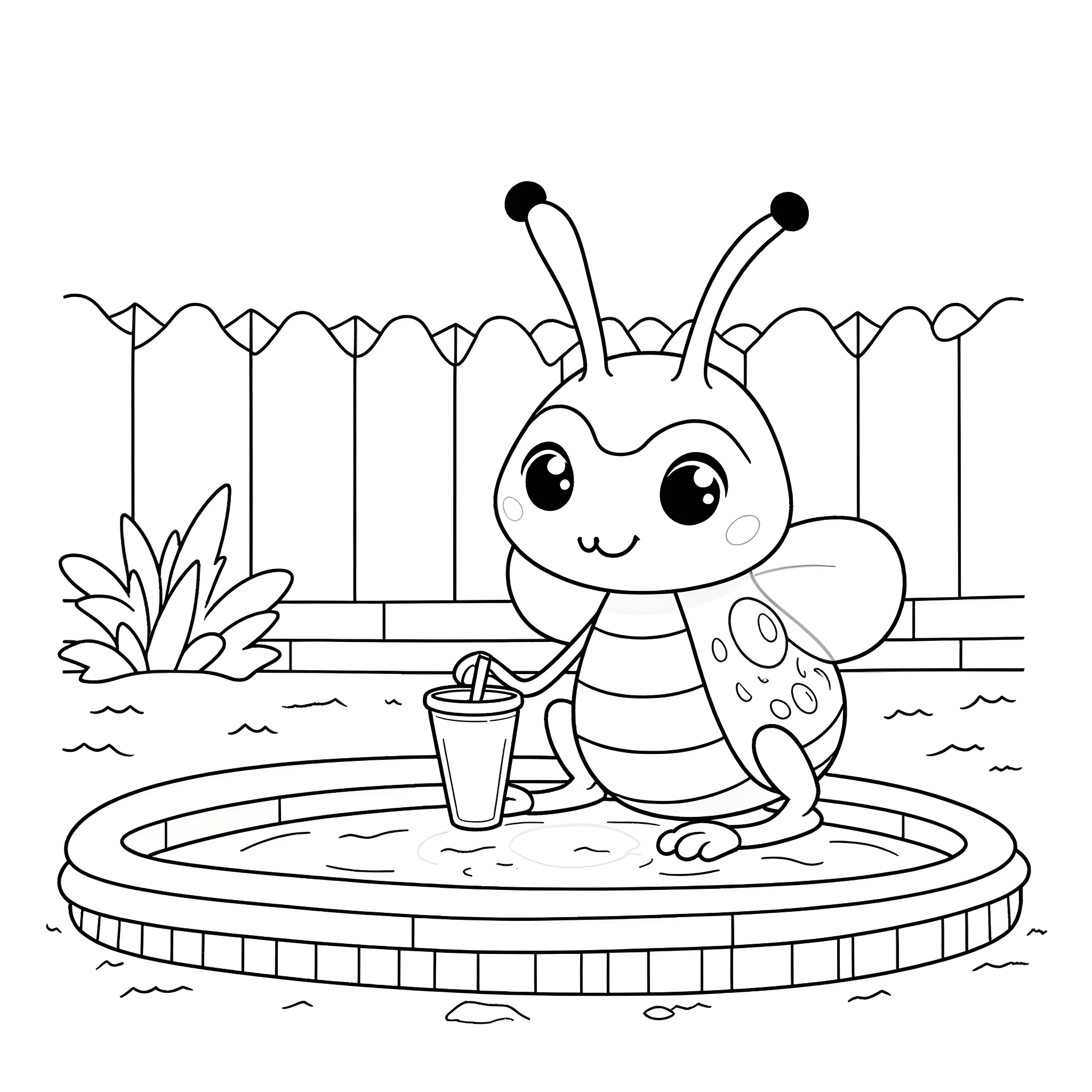 Bug enjoying a refreshing drink in the garden Coloring Page (free black-and-white line drawing printable PDF for all, from beginners to advanced learners, including children, teens, adults, and seniors)