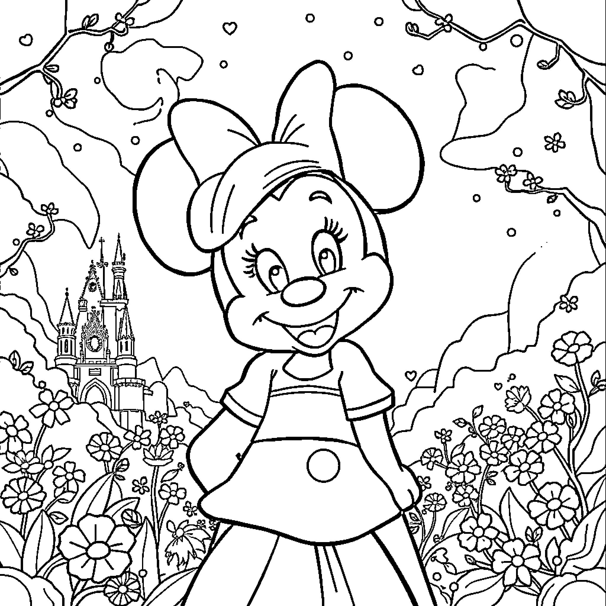 Disney Character Minnie Mouse in a Flower Garden Coloring Page (free black-and-white line drawing printable PDF for all, from beginners to advanced learners, including children, teens, adults, and seniors)