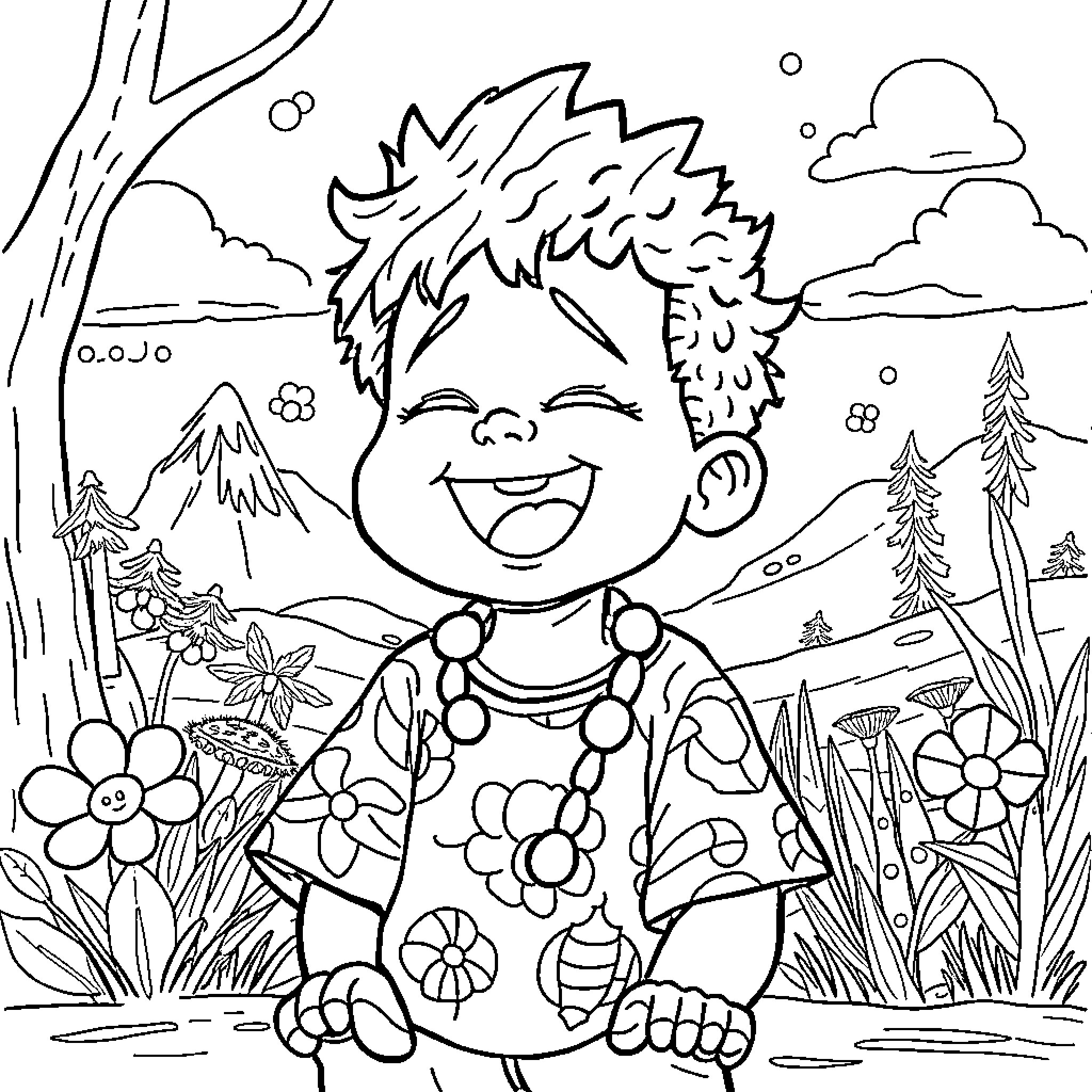 Atlas of a joyful child in nature's embrace Coloring Page (free black-and-white line drawing printable PDF for all, from beginners to advanced learners, including children, teens, adults, and seniors)