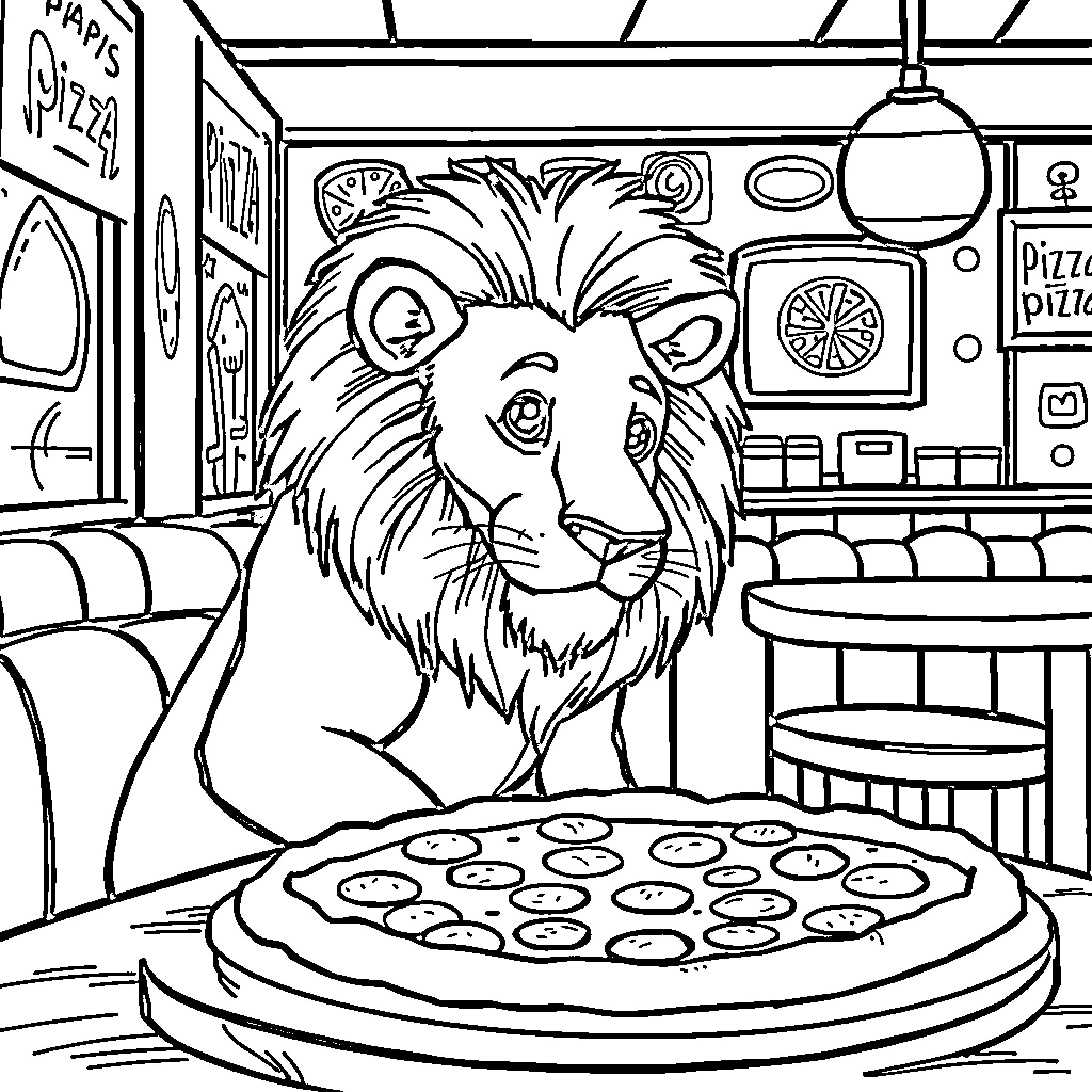 Lion enjoying a delicious pizza in a pizza parlor Coloring Page (free black-and-white line drawing printable PDF for all, from beginners to advanced learners, including children, teens, adults, and seniors)