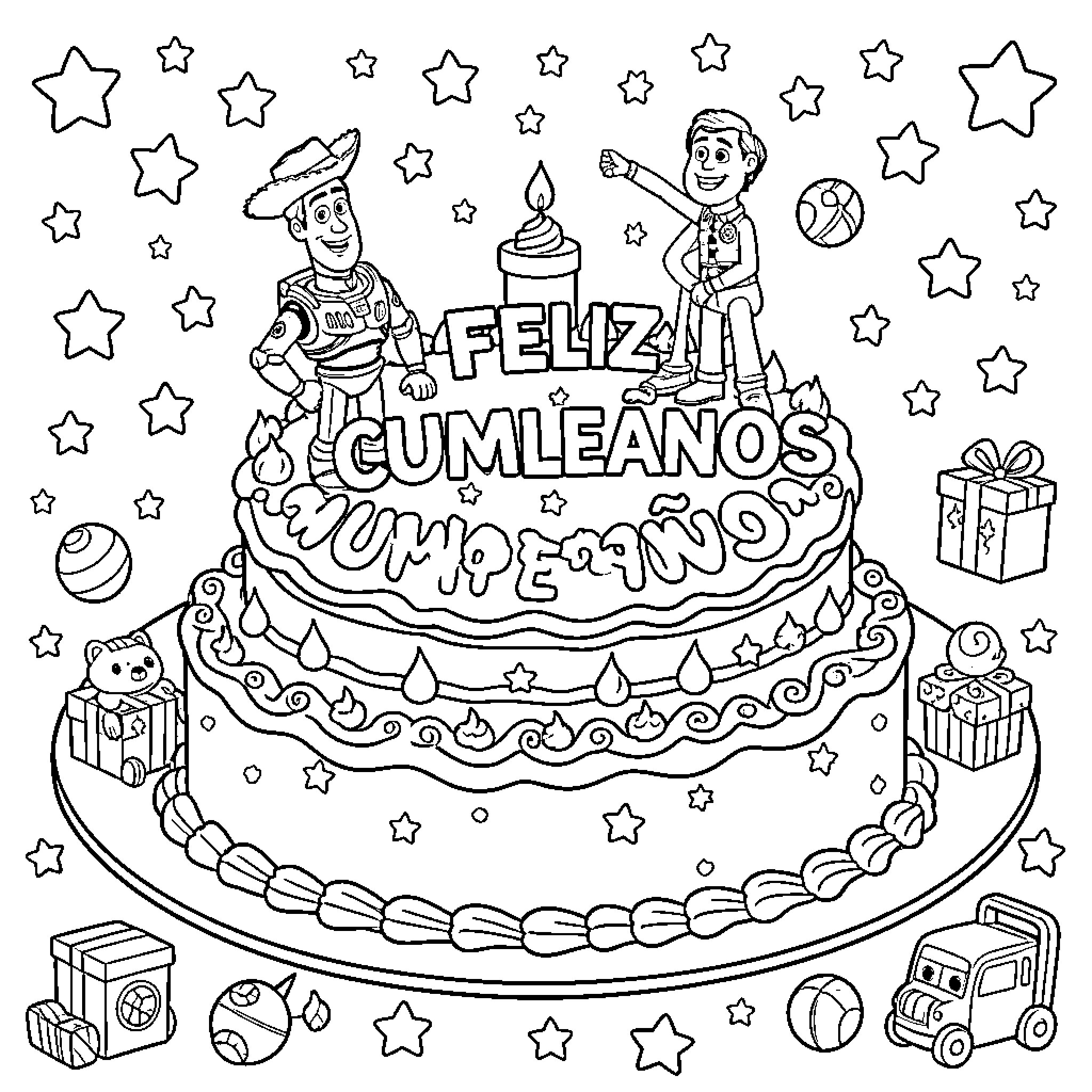 Tarta with characters celebrating a birthday party Coloring Page (free black-and-white line drawing printable PDF for all, from beginners to advanced learners, including children, teens, adults, and seniors)