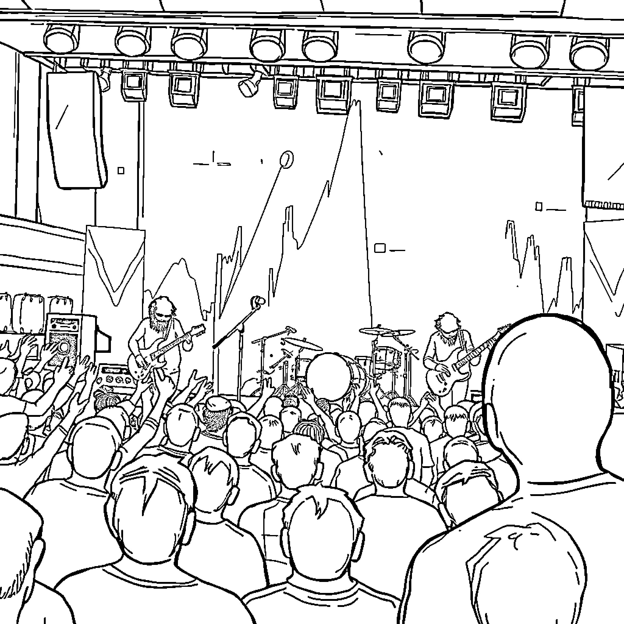 Rush of Energetic Live Music Performance Coloring Page (free black-and-white line drawing printable PDF for all, from beginners to advanced learners, including children, teens, adults, and seniors)