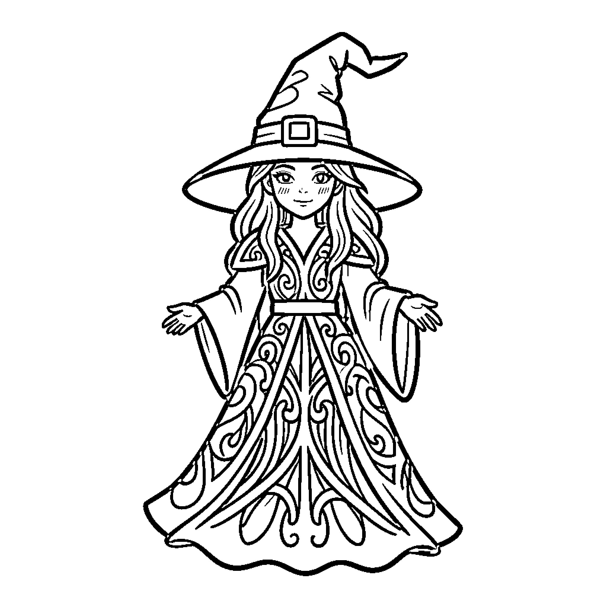 Witch wearing a patterned robe and pointy hat Coloring Page (free black-and-white line drawing printable PDF for all, from beginners to advanced learners, including children, teens, adults, and seniors)
