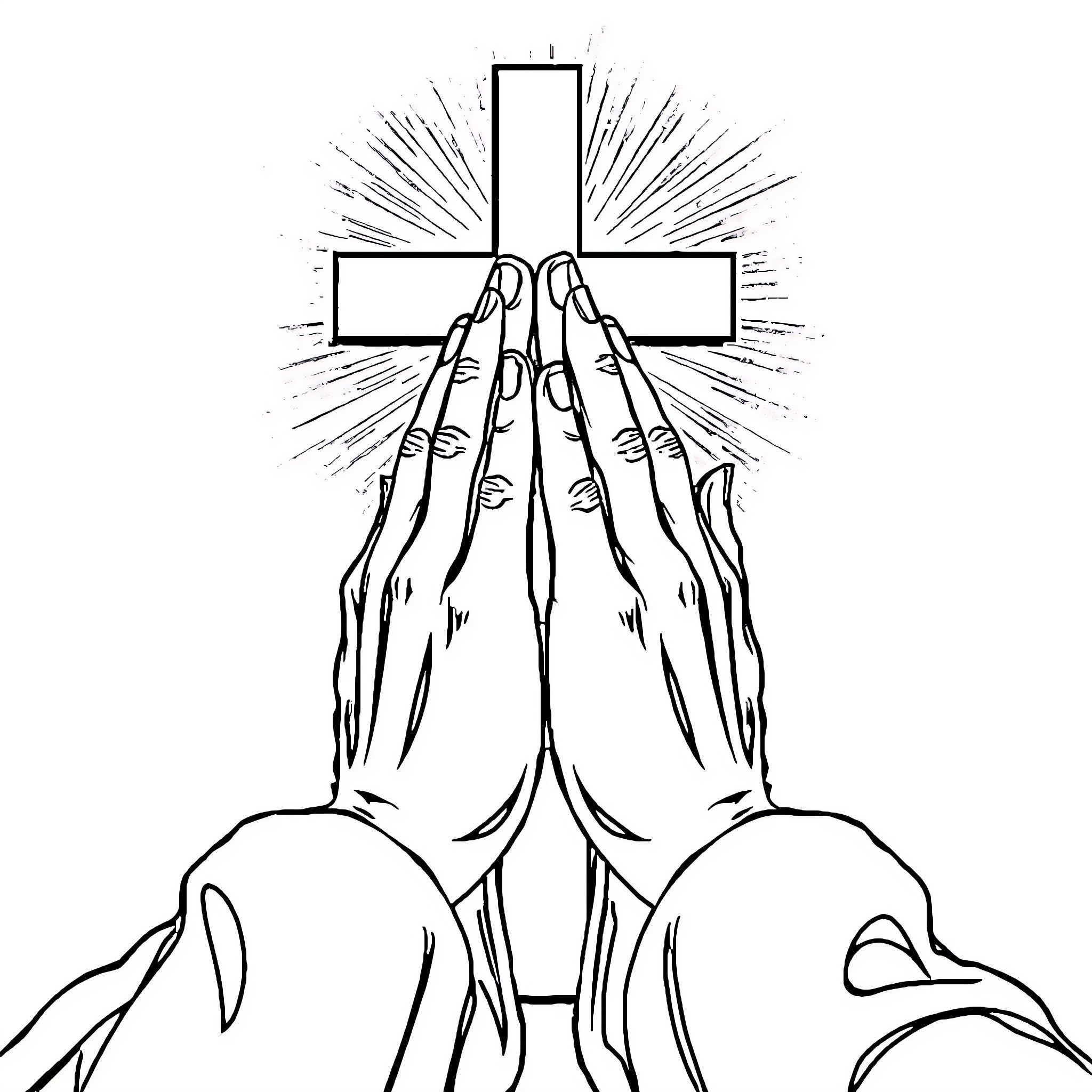Praying Hands Raised in Worship Before Cross Coloring Page (free black-and-white line drawing printable PDF for all, from beginners to advanced learners, including children, teens, adults, and seniors)