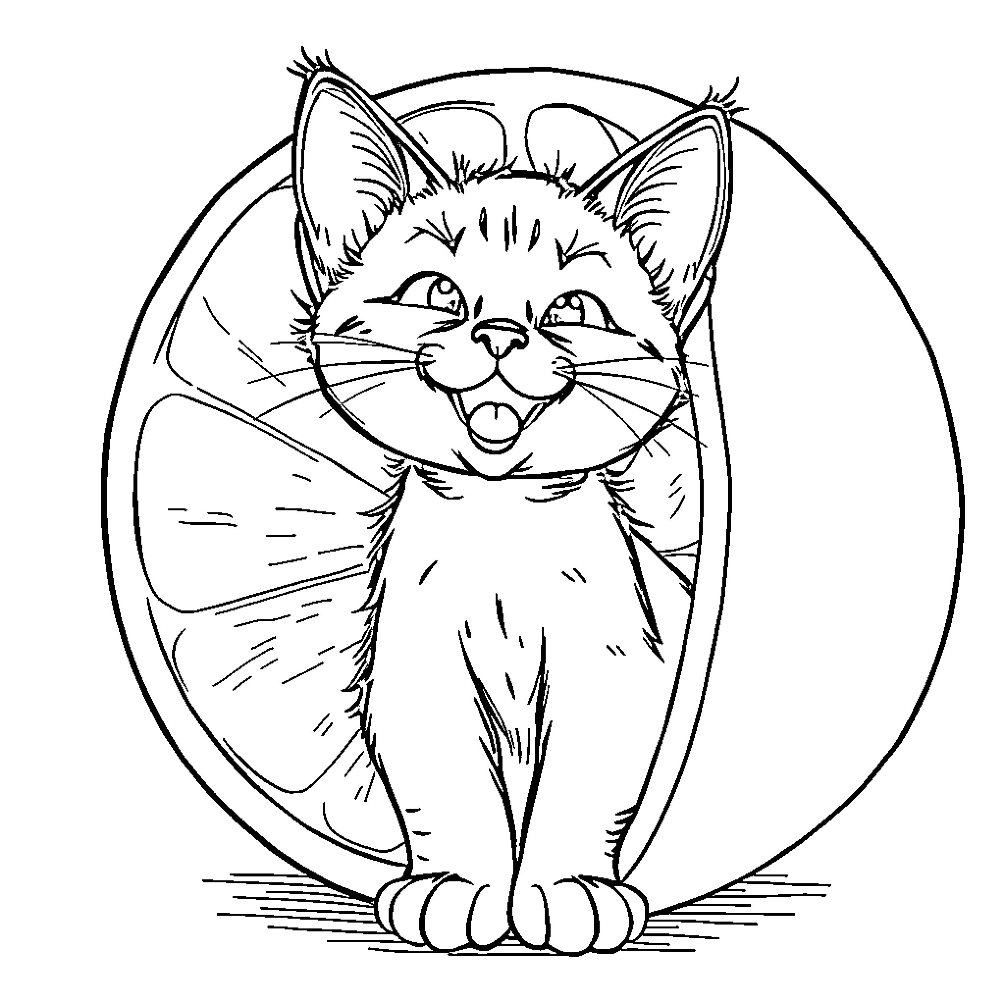 Chat with a mischievous feline friend Coloring Page (free black-and-white line drawing printable PDF for all, from beginners to advanced learners, including children, teens, adults, and seniors)