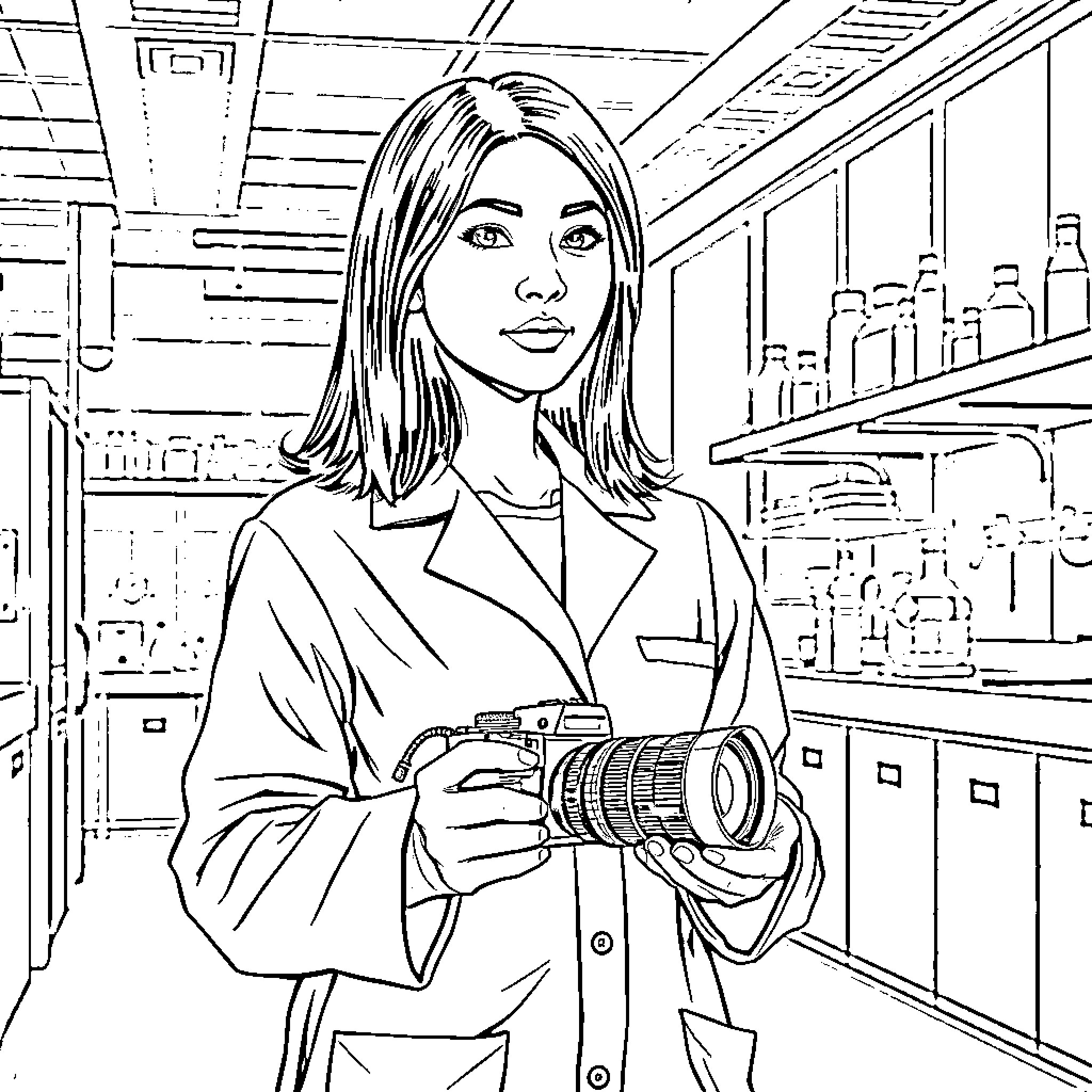 Woman holding a camera in a laboratory Coloring Page (free black-and-white line drawing printable PDF for all, from beginners to advanced learners, including children, teens, adults, and seniors)