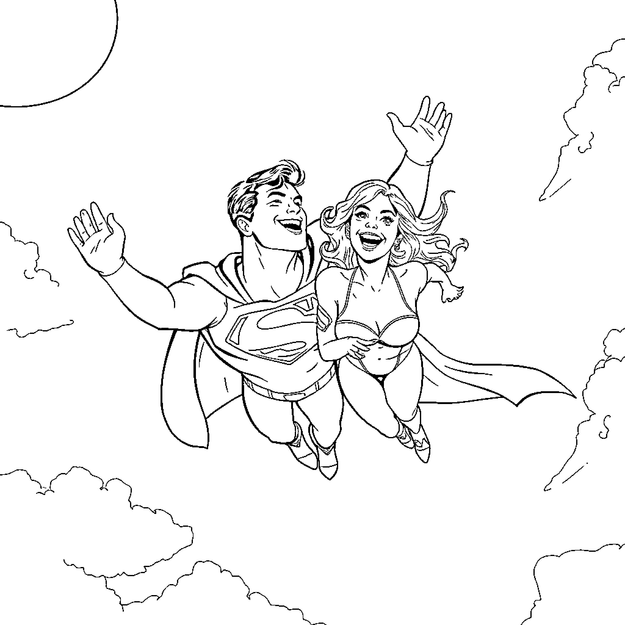 Superman and woman superhero flying together in the sky Coloring Page (free black-and-white line drawing printable PDF for all, from beginners to advanced learners, including children, teens, adults, and seniors)