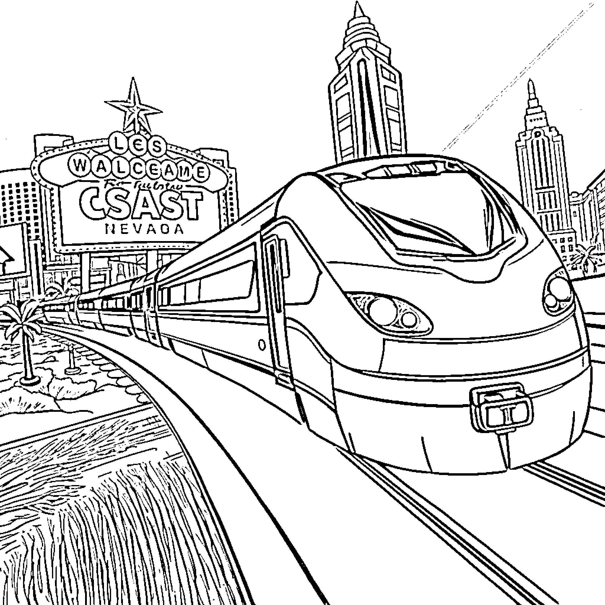 Train passing through the city with skyscrapers Coloring Page (free black-and-white line drawing printable PDF for all, from beginners to advanced learners, including children, teens, adults, and seniors)