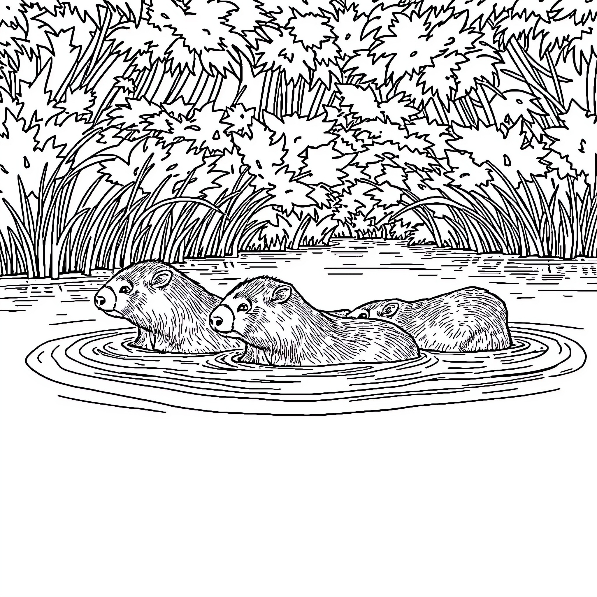 Capybara family relaxing in the water Coloring Page (free black-and-white line drawing printable PDF for all, from beginners to advanced learners, including children, teens, adults, and seniors)