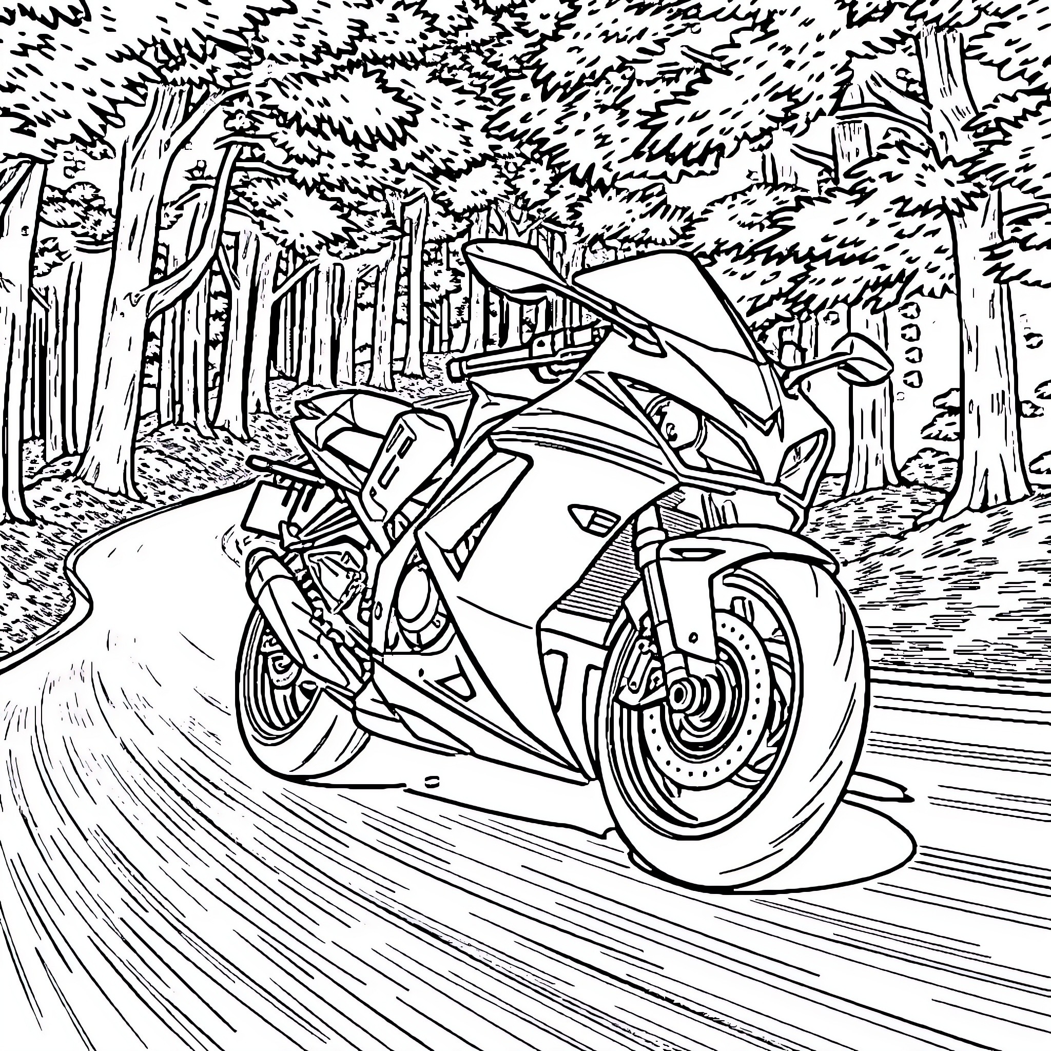 Kawasaki Motorcycle Racing Through Winding Forest Road Coloring Page (free black-and-white line drawing printable PDF for all, from beginners to advanced learners, including children, teens, adults, and seniors)