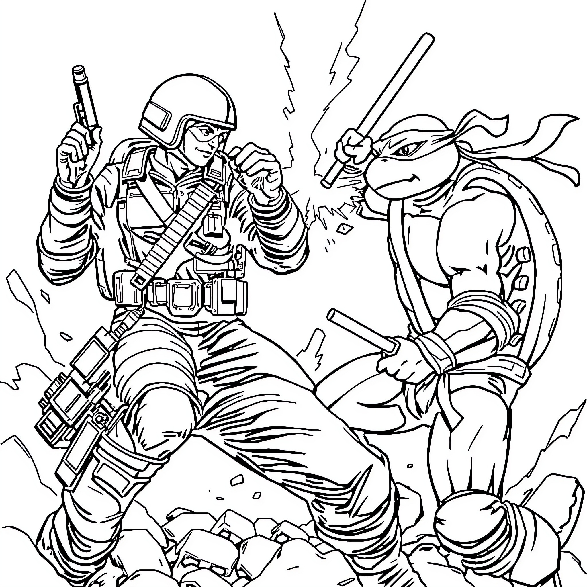 GI Joe Battles the Fearsome Dragon Coloring Page (free black-and-white line drawing printable PDF for all, from beginners to advanced learners, including children, teens, adults, and seniors)