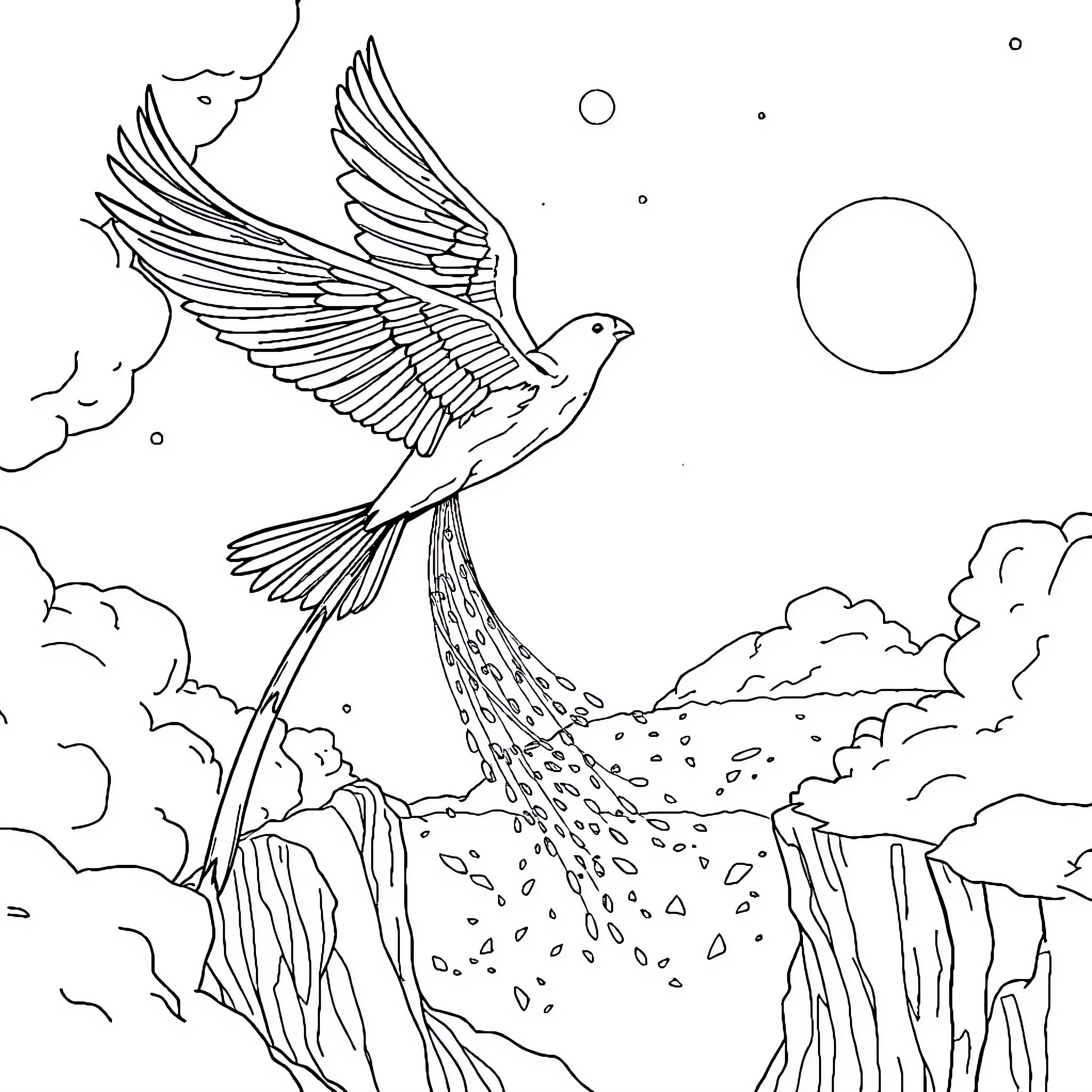 Excavator in flight over rocky cliffs Coloring Page (free black-and-white line drawing printable PDF for all, from beginners to advanced learners, including children, teens, adults, and seniors)