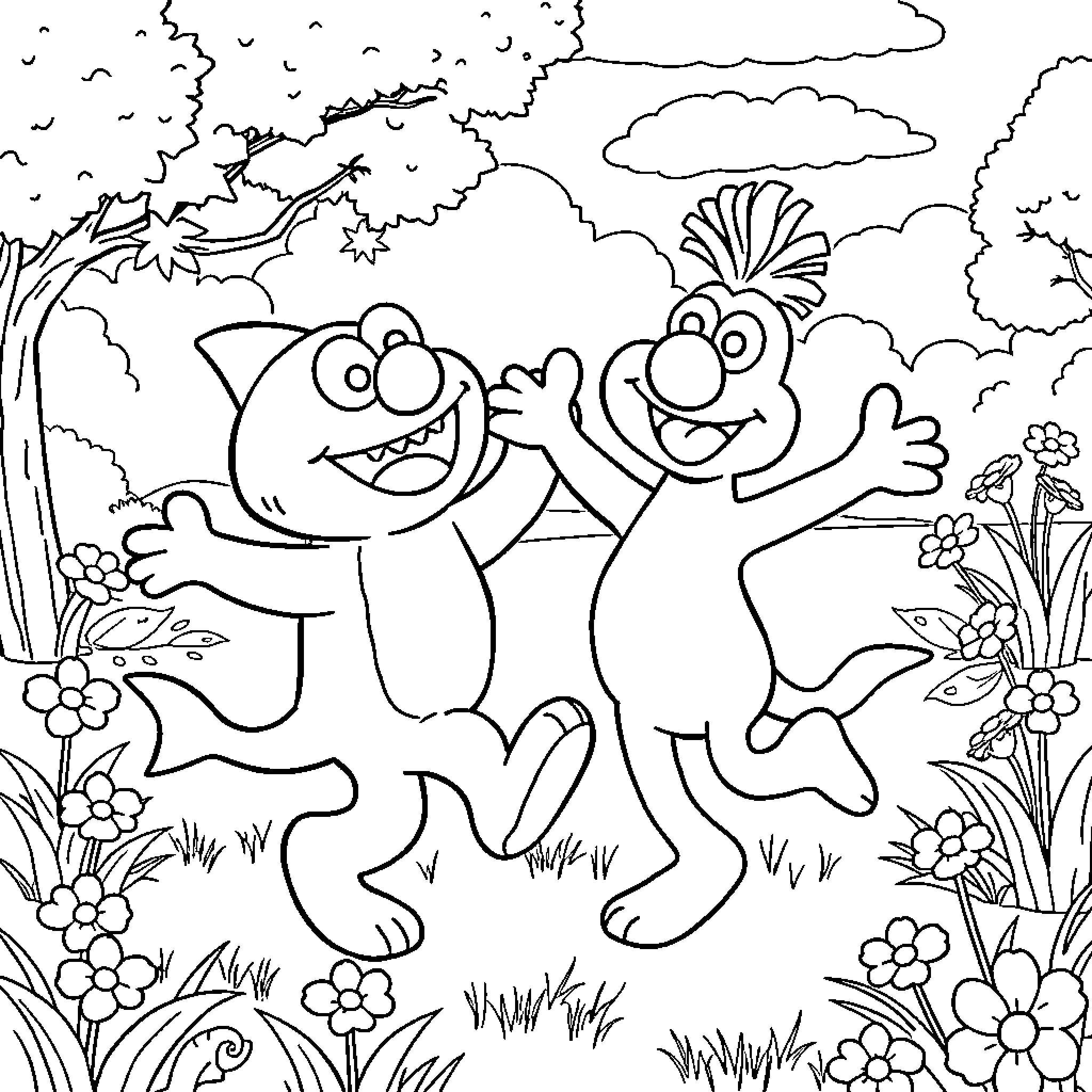 Baby Shark having fun in the forest Coloring Page (free black-and-white line drawing printable PDF for all, from beginners to advanced learners, including children, teens, adults, and seniors)
