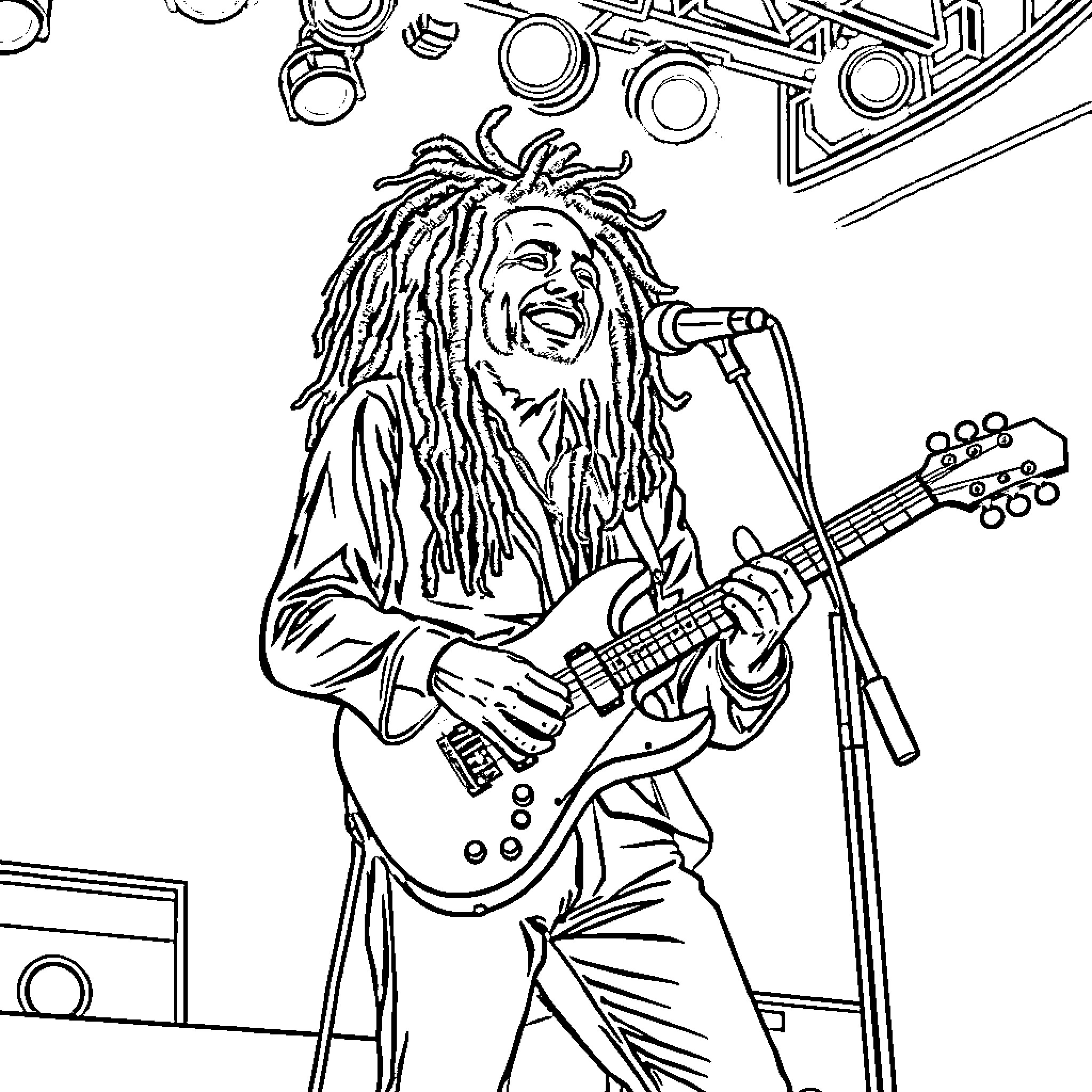 Bob Marley performing on stage with guitar Coloring Page (free black-and-white line drawing printable PDF for all, from beginners to advanced learners, including children, teens, adults, and seniors)