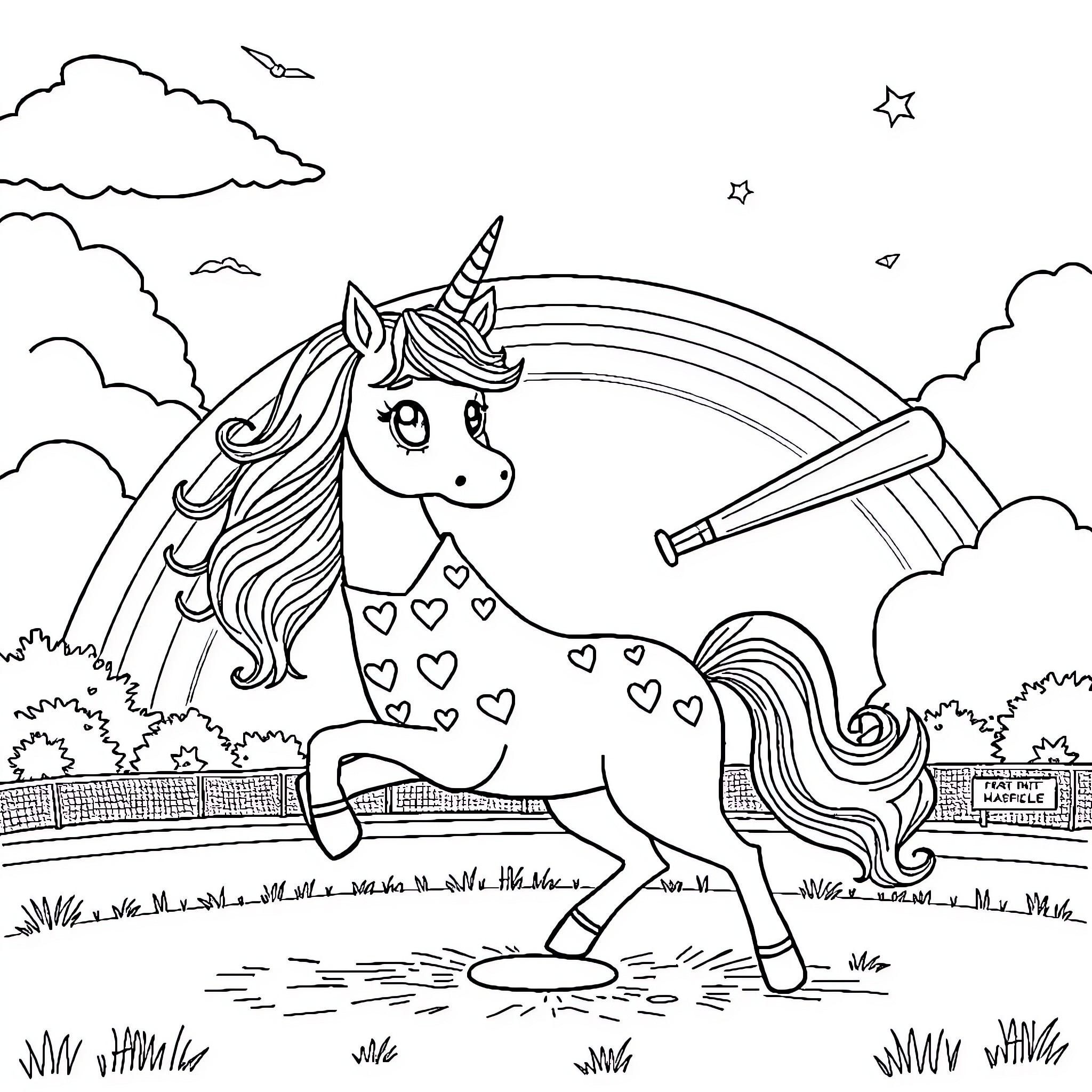 Unicorn prancing joyfully under rainbow in the meadow Coloring Page (free black-and-white line drawing printable PDF for all, from beginners to advanced learners, including children, teens, adults, and seniors)