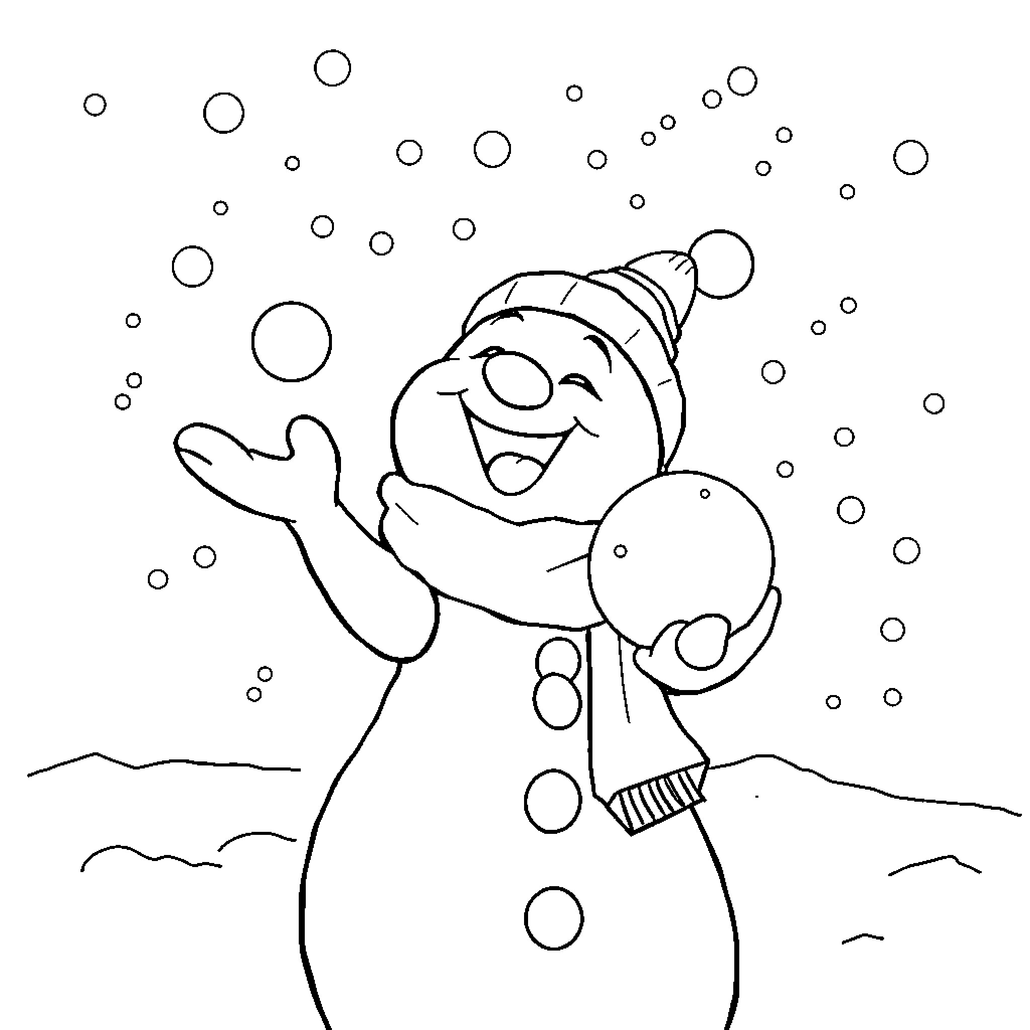 Blue Snowman Enjoying Snowfall Coloring Page (free black-and-white line drawing printable PDF for all, from beginners to advanced learners, including children, teens, adults, and seniors)