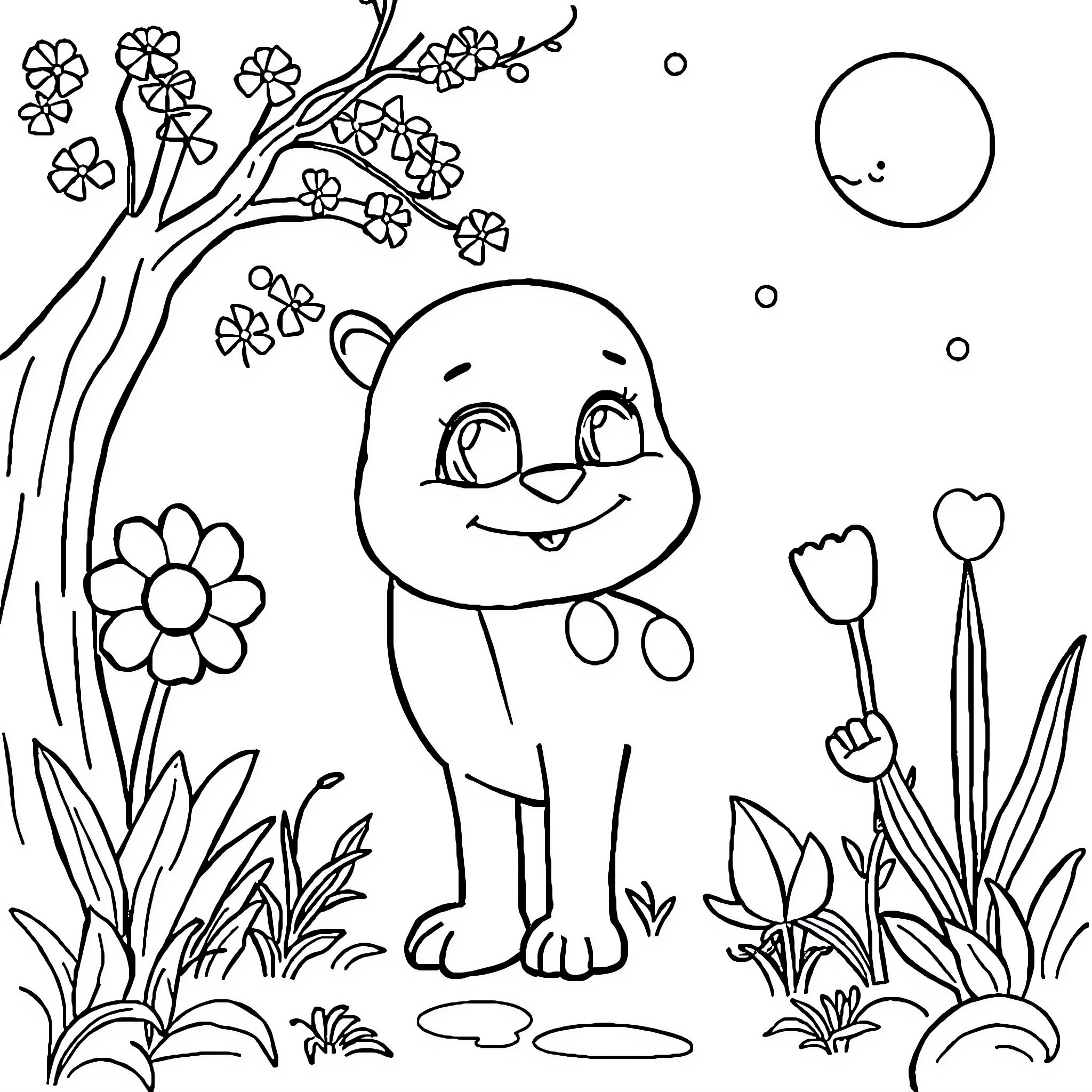 KG 1: Playful creature in floral garden Coloring Page (free black-and-white line drawing printable PDF for all, from beginners to advanced learners, including children, teens, adults, and seniors)