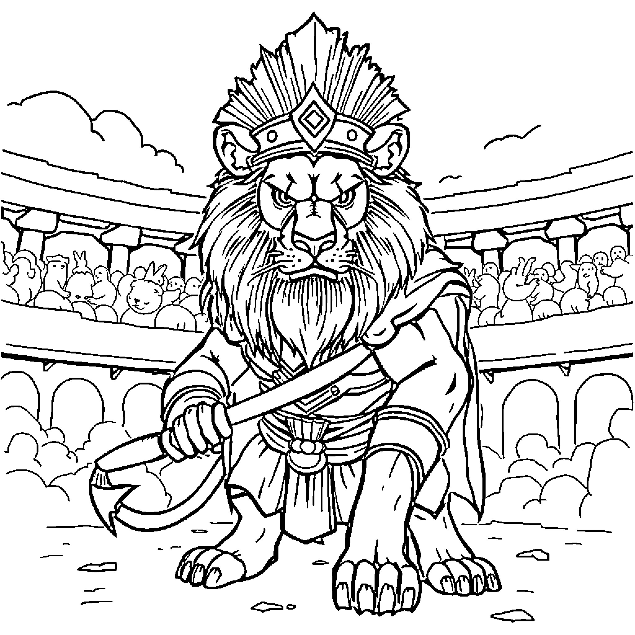 Lion in elaborate ceremonial attire at crowded arena Coloring Page (free black-and-white line drawing printable PDF for all, from beginners to advanced learners, including children, teens, adults, and seniors)