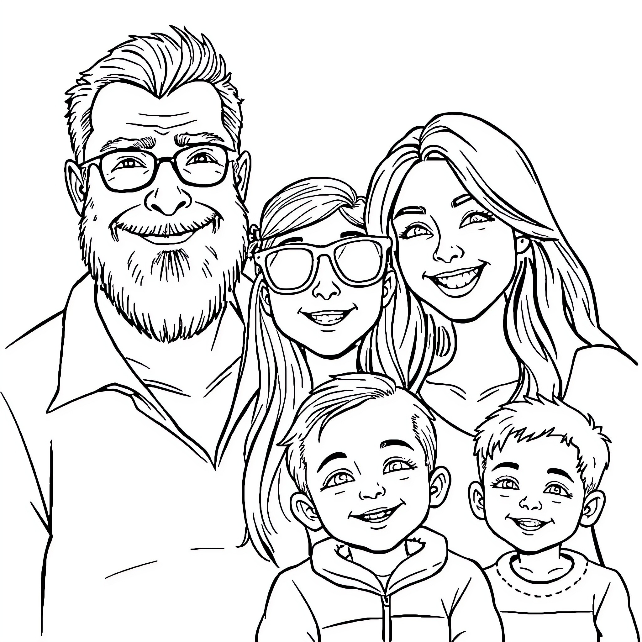 Famille enjoying a happy moment together Coloring Page (free black-and-white line drawing printable PDF for all, from beginners to advanced learners, including children, teens, adults, and seniors)