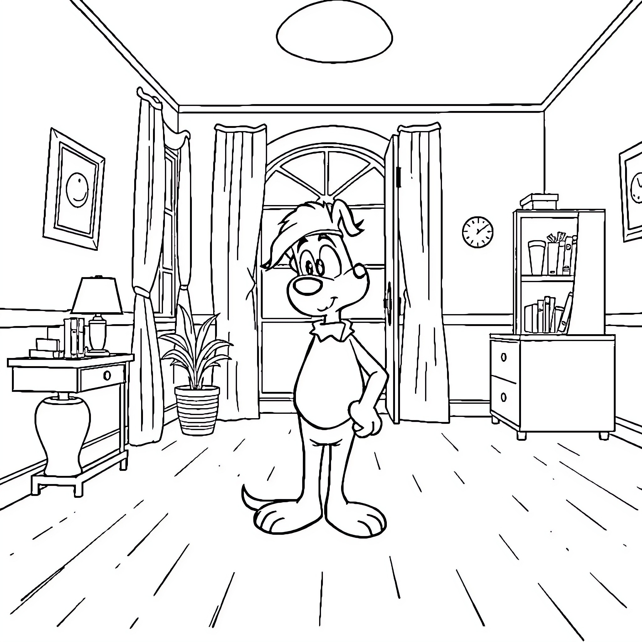 Dennis enjoying a lively afternoon in his cozy home Coloring Page (free black-and-white line drawing printable PDF for all, from beginners to advanced learners, including children, teens, adults, and seniors)