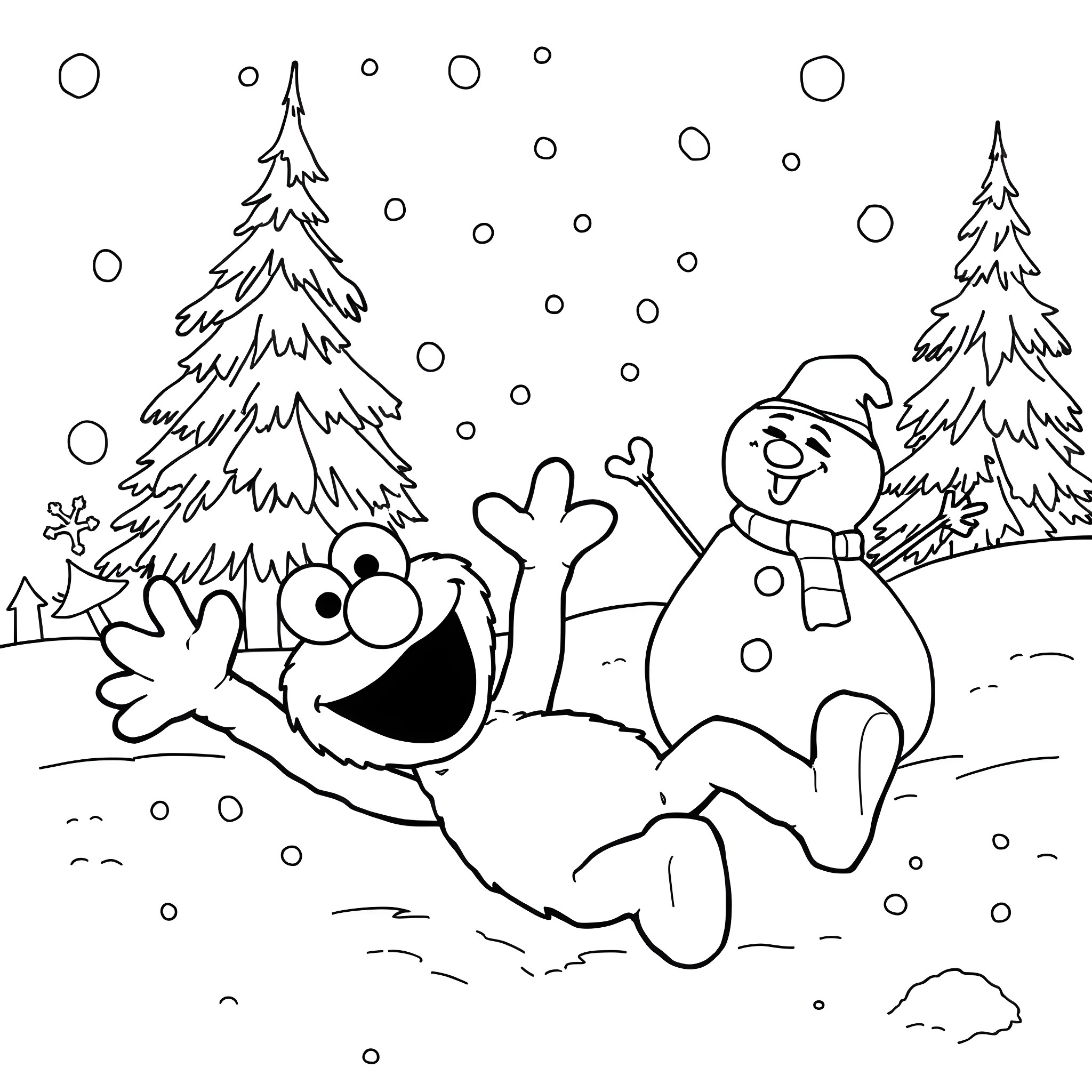 Elmo playing joyfully in the snowy winter landscape Coloring Page (free black-and-white line drawing printable PDF for all, from beginners to advanced learners, including children, teens, adults, and seniors)