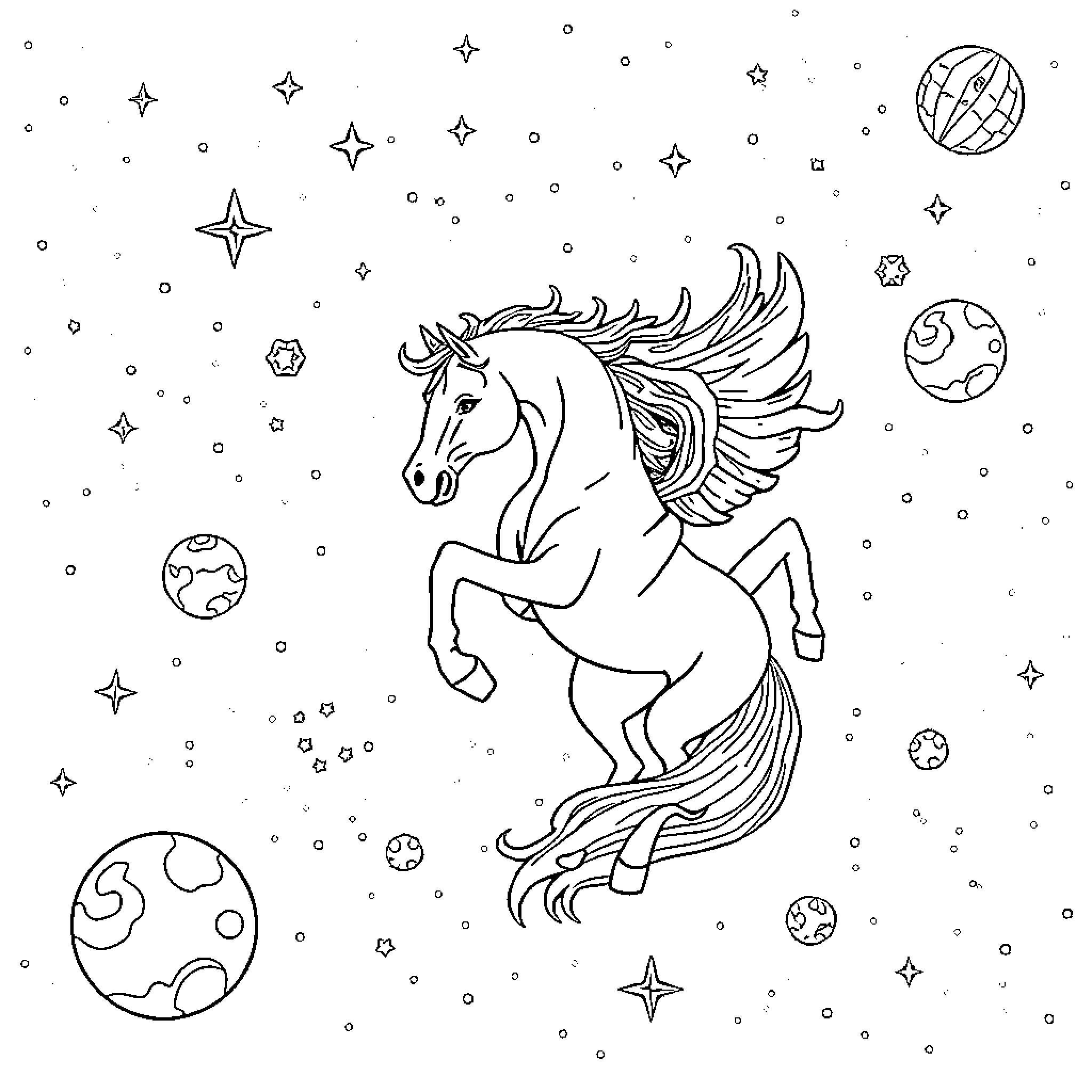 Flying Horse Soaring through Starry Skies Coloring Page (free black-and-white line drawing printable PDF for all, from beginners to advanced learners, including children, teens, adults, and seniors)