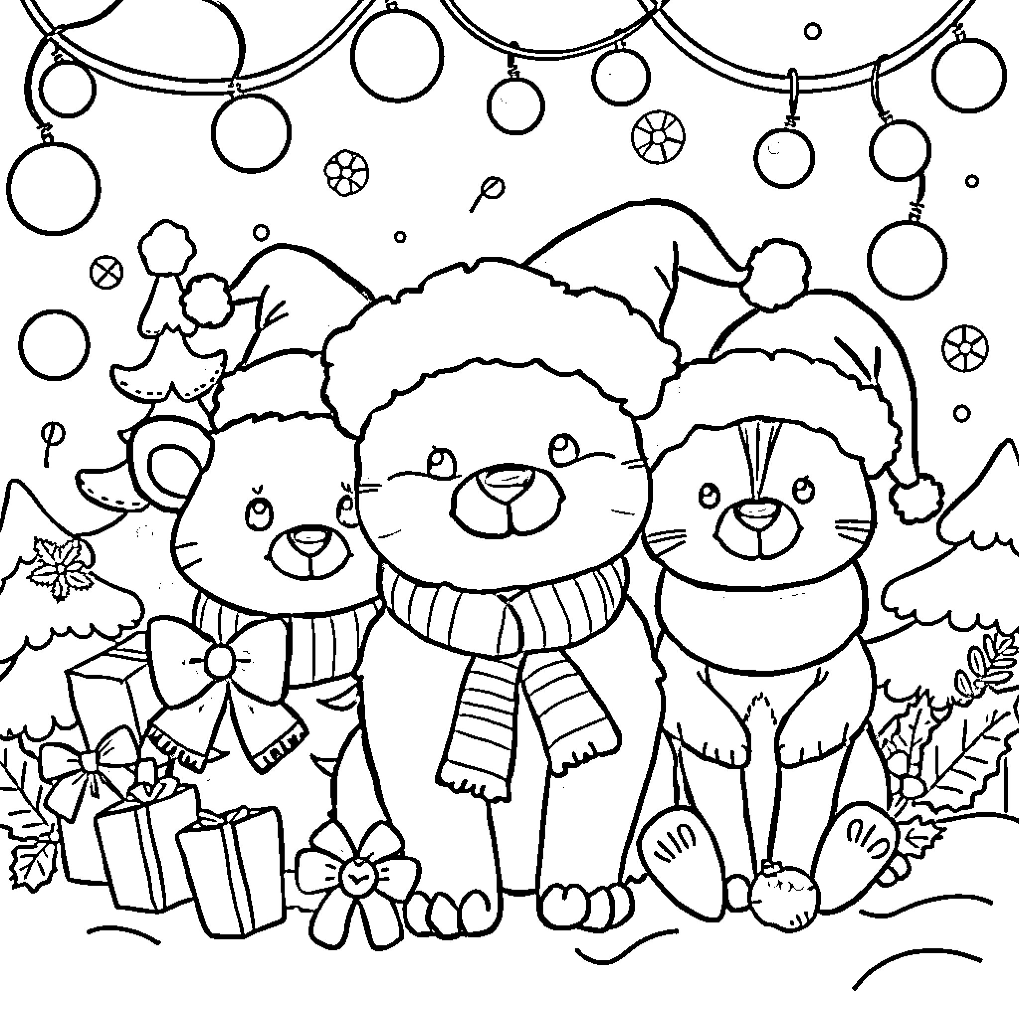 Animal friends celebrating Christmas together Coloring Page (free black-and-white line drawing printable PDF for all, from beginners to advanced learners, including children, teens, adults, and seniors)