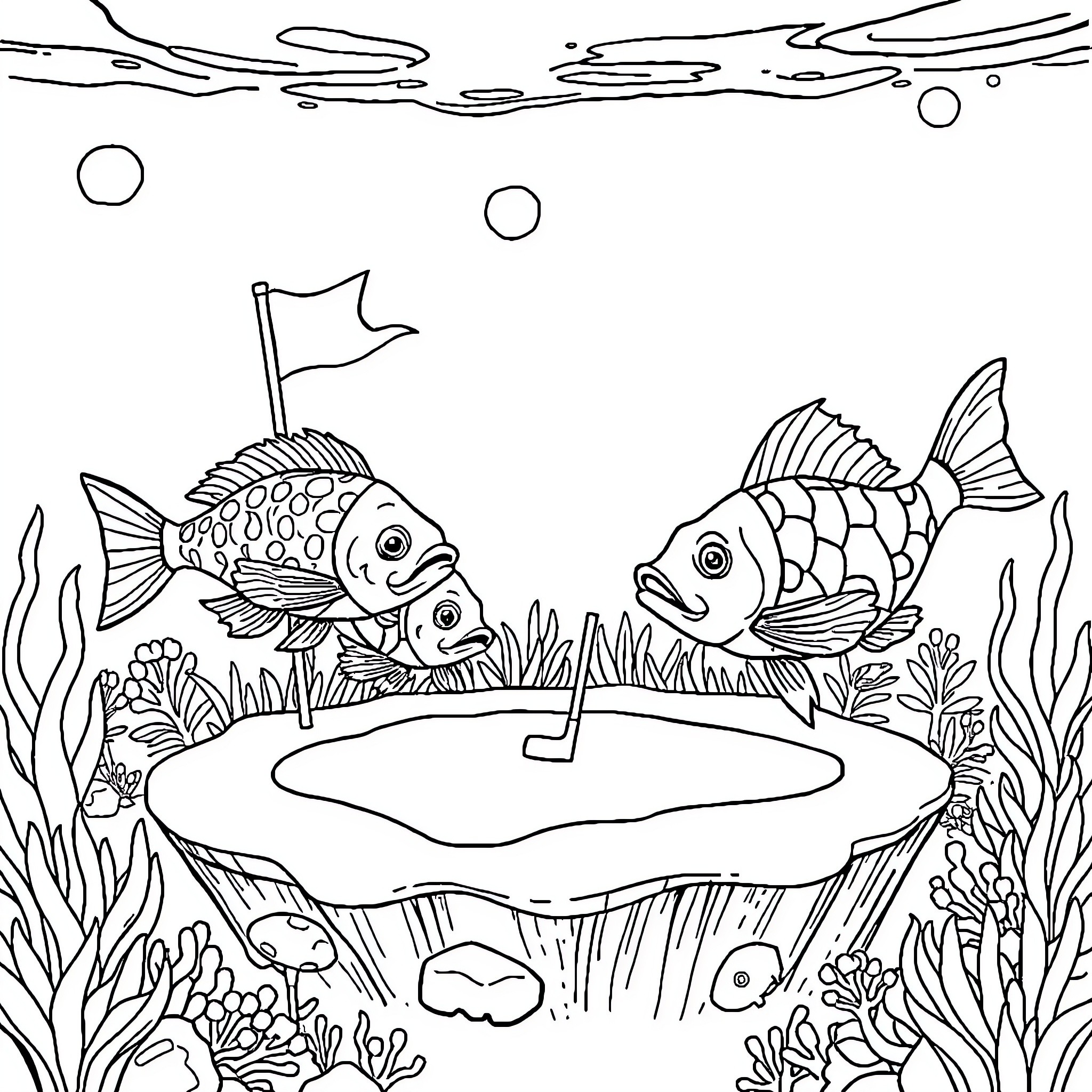 Fish swimming happily in an underwater scene Coloring Page (free black-and-white line drawing printable PDF for all, from beginners to advanced learners, including children, teens, adults, and seniors)