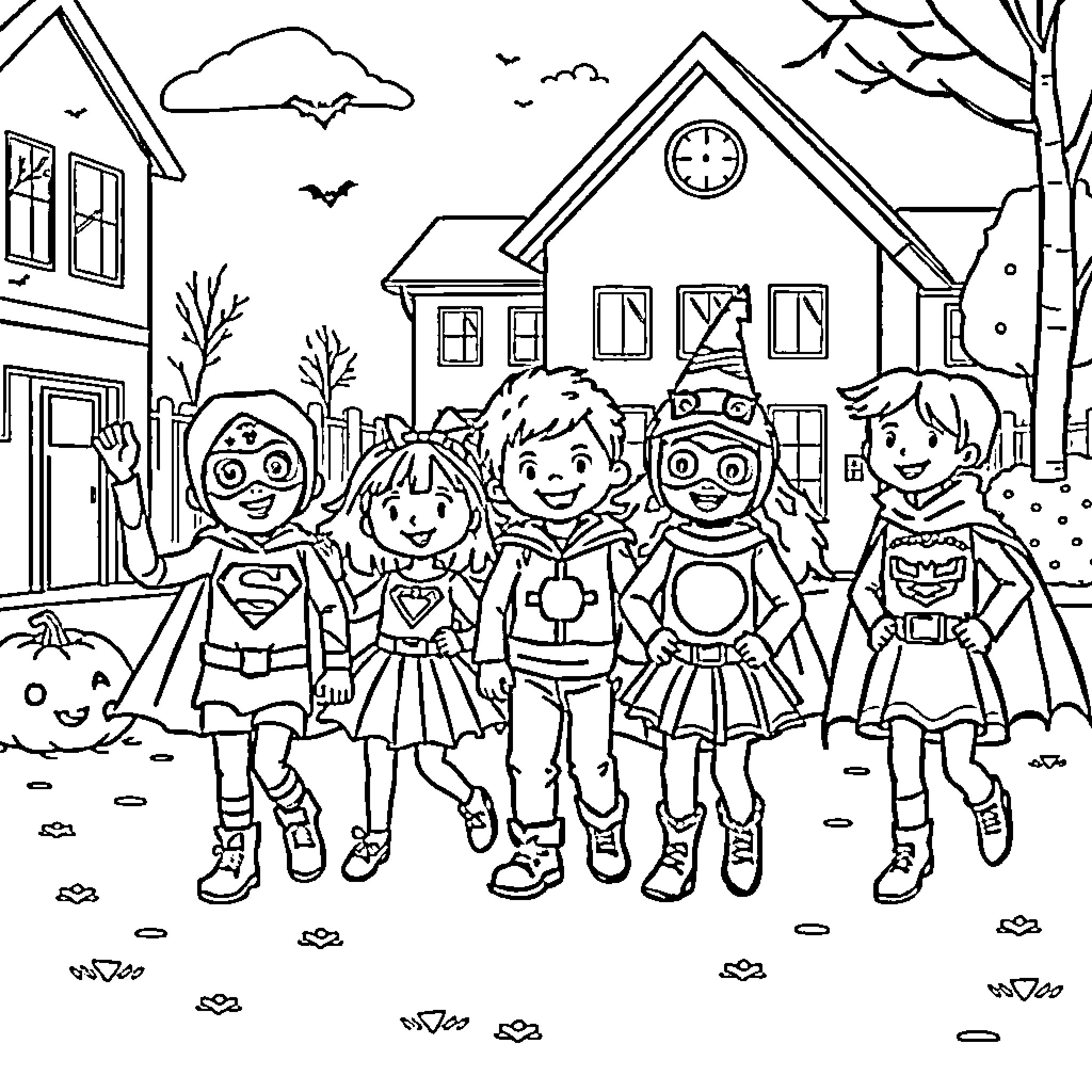 Kindergarteners Dressed as Superheroes Exploring the Neighborhood Coloring Page (free black-and-white line drawing printable PDF for all, from beginners to advanced learners, including children, teens, adults, and seniors)