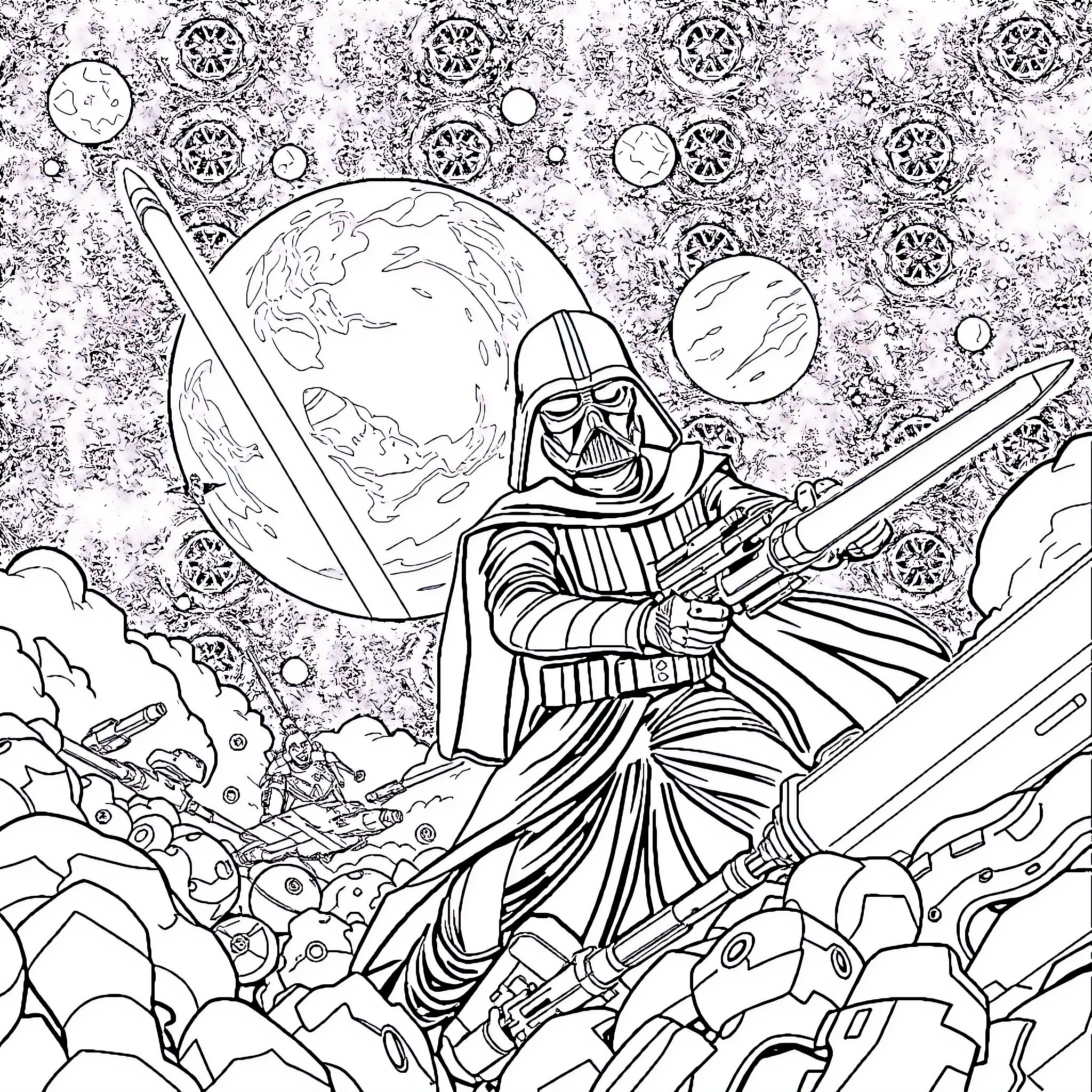Star War Warrior Battling in Cosmic Landscape Coloring Page (free black-and-white line drawing printable PDF for all, from beginners to advanced learners, including children, teens, adults, and seniors)