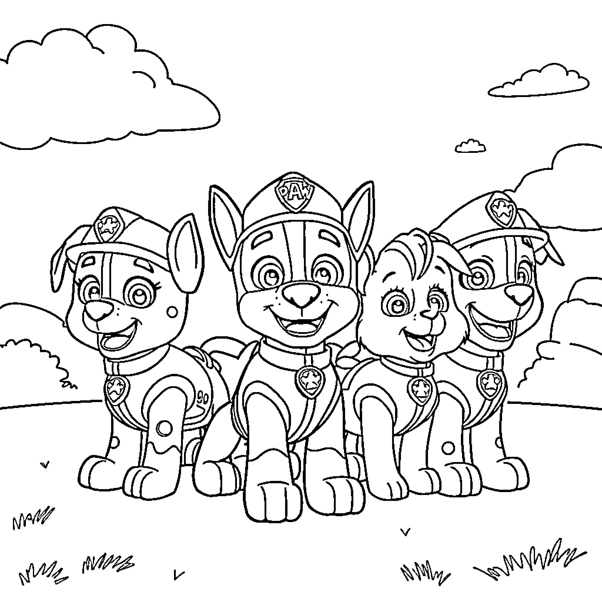 Paw Patrol pups on an outdoor adventure Coloring Page (free black-and-white line drawing printable PDF for all, from beginners to advanced learners, including children, teens, adults, and seniors)